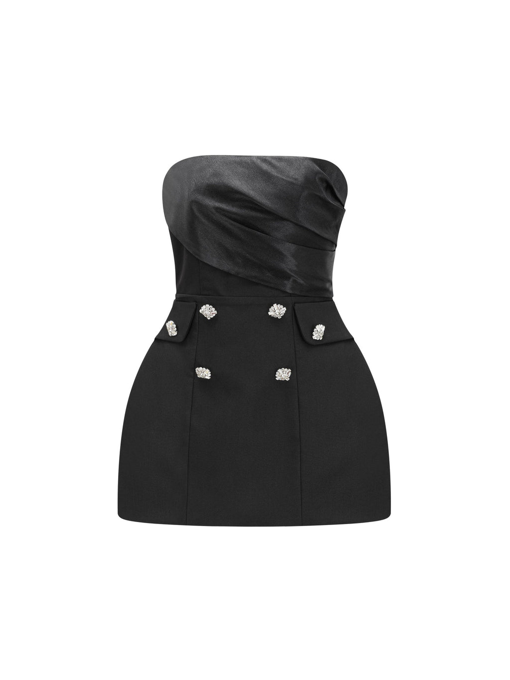 Mealla Off-Shoulder Crystal-Button Flared Mini Dress - Black — Svelte Chic