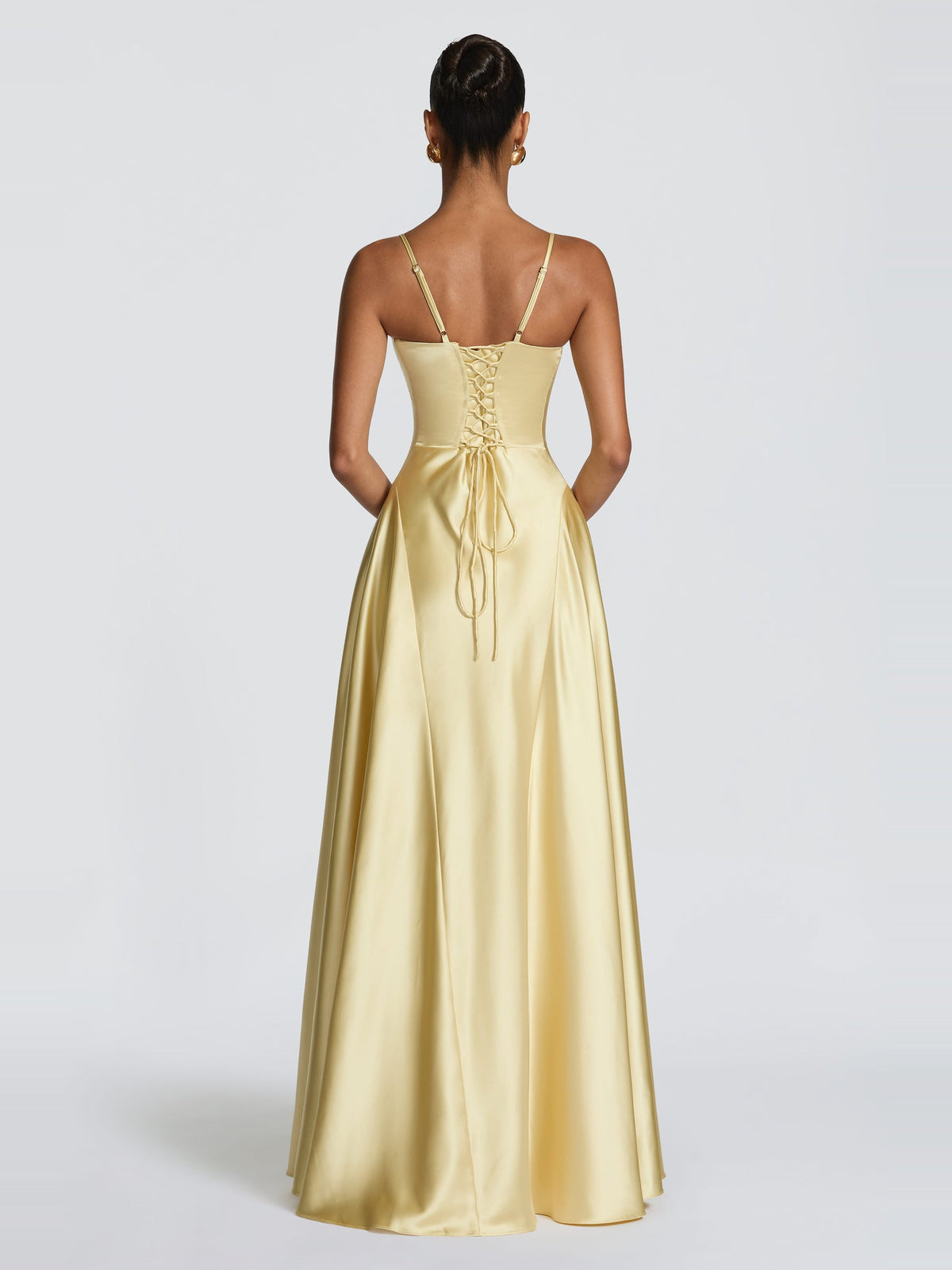 Asterin Strappy Plunge Corset Back Satin Maxi Dress — Svelte Chic