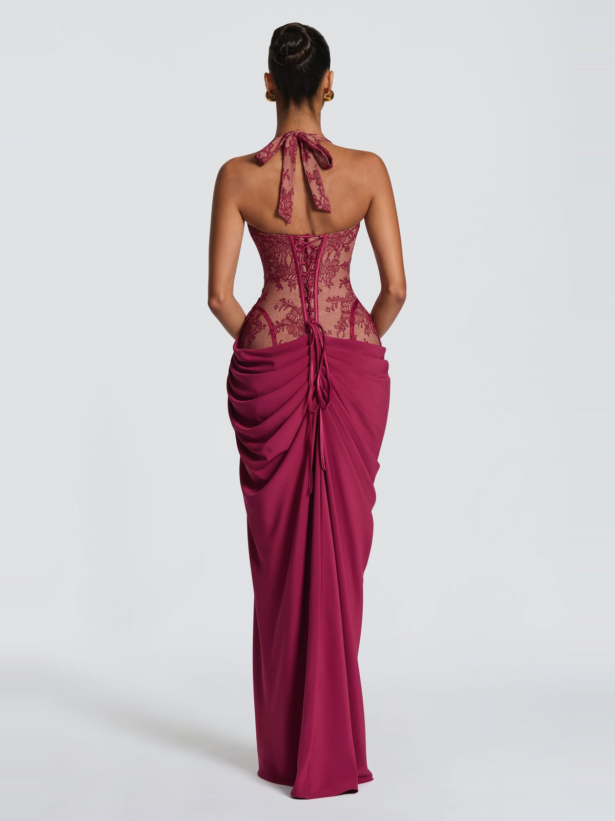 Bonita Halter Floral Lace Corset Maxi Dress with Slit — Svelte Chic
