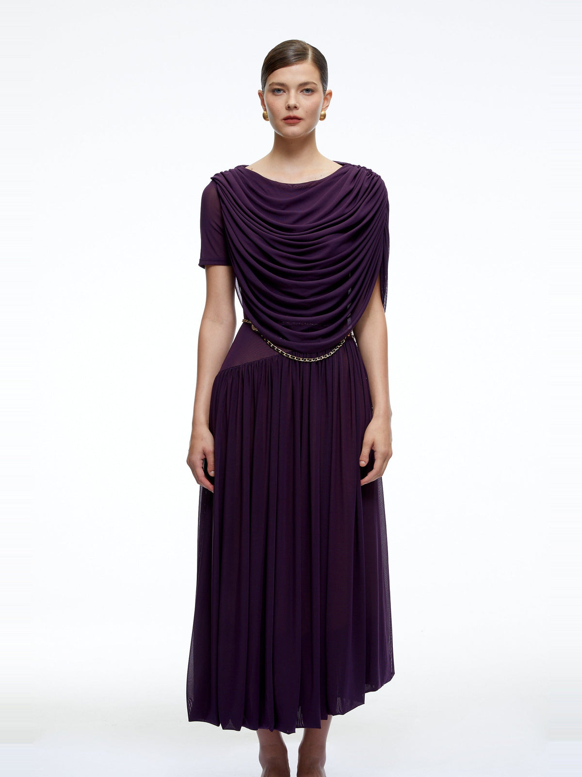 Lysiane Pleated Cowl Neck Midi Dress — Svelte Chic