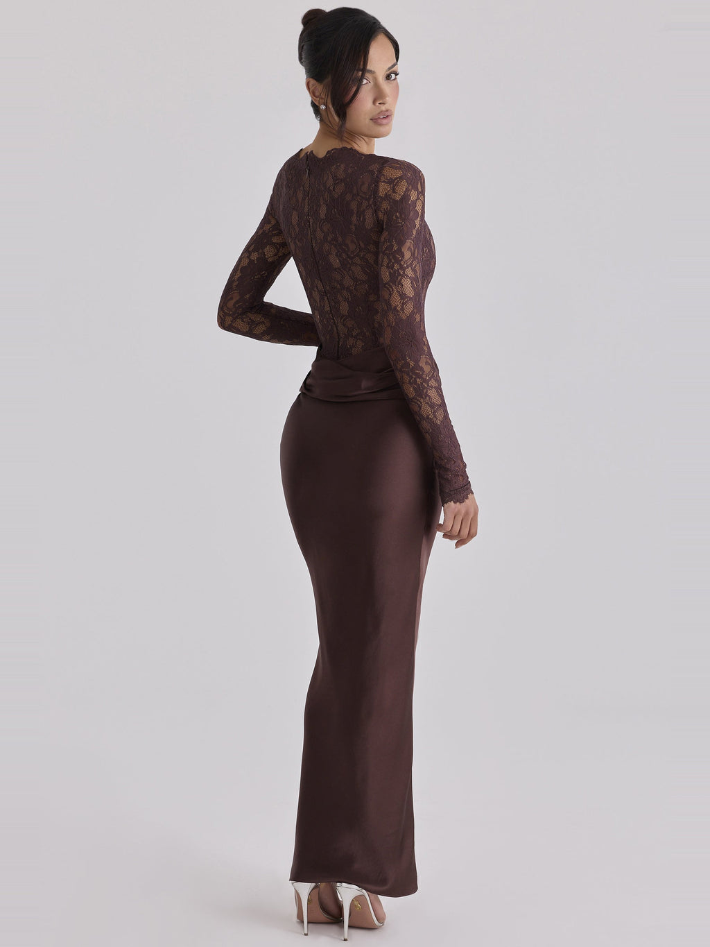 Yasmeen Lace Draped Satin Maxi Dress — Svelte Chic