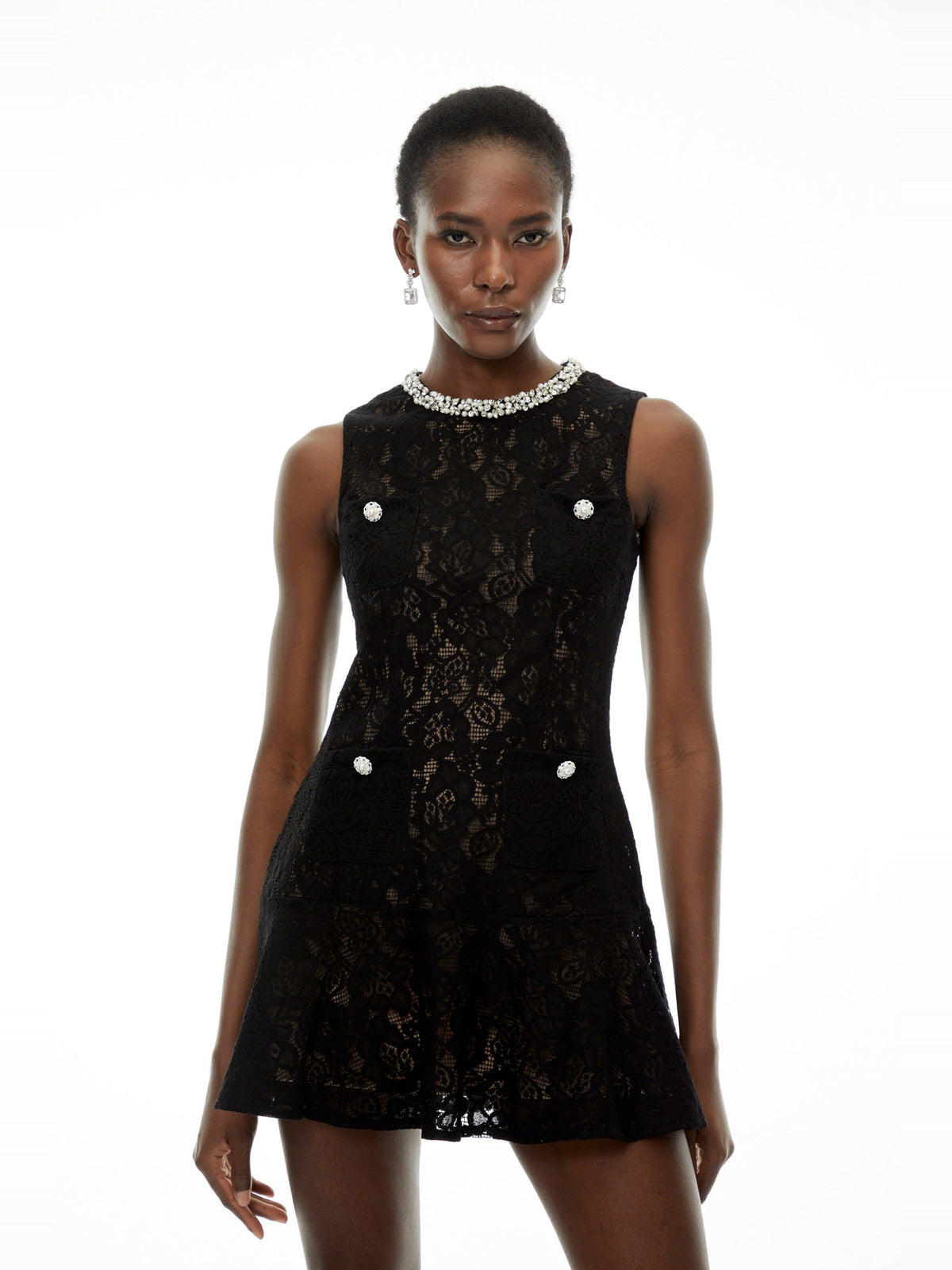 Mirabella Crew-Neck Floral Lace Sleeveless Mini Dress - Black — Svelte Chic