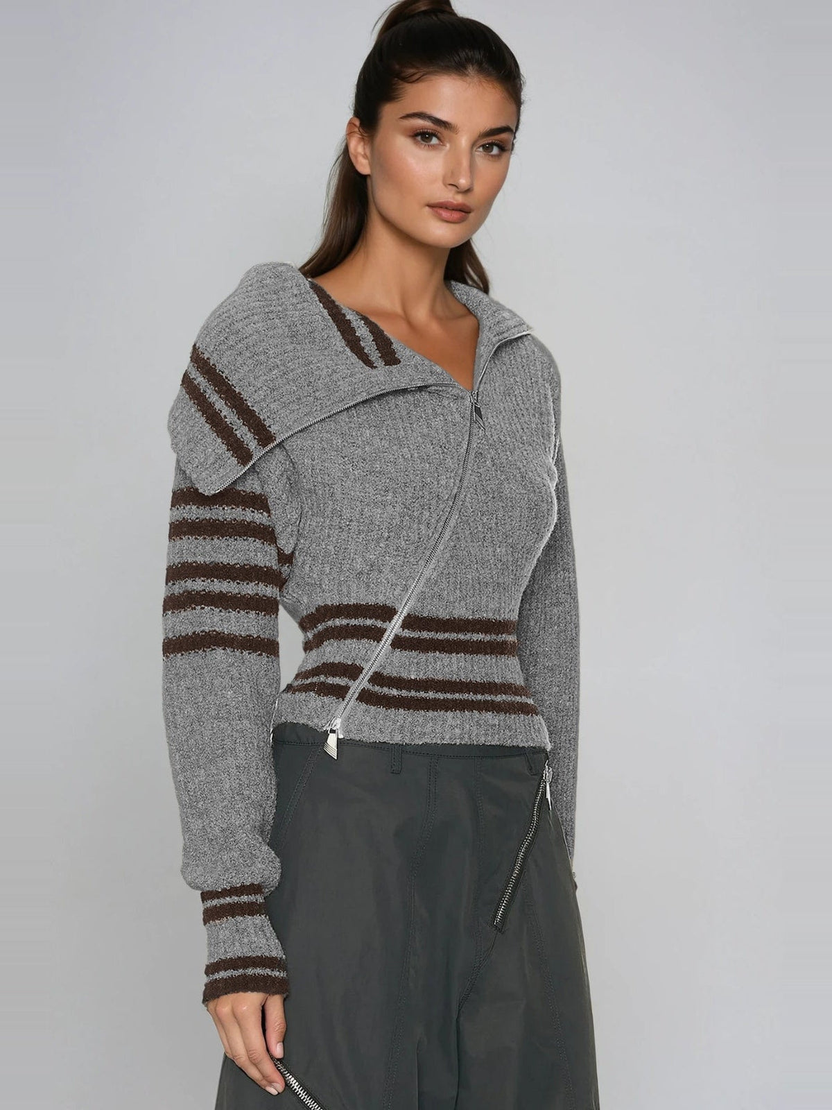 Deianira Asymmetric Zip Draped Collar Knit Top - Grey — Svelte Chic