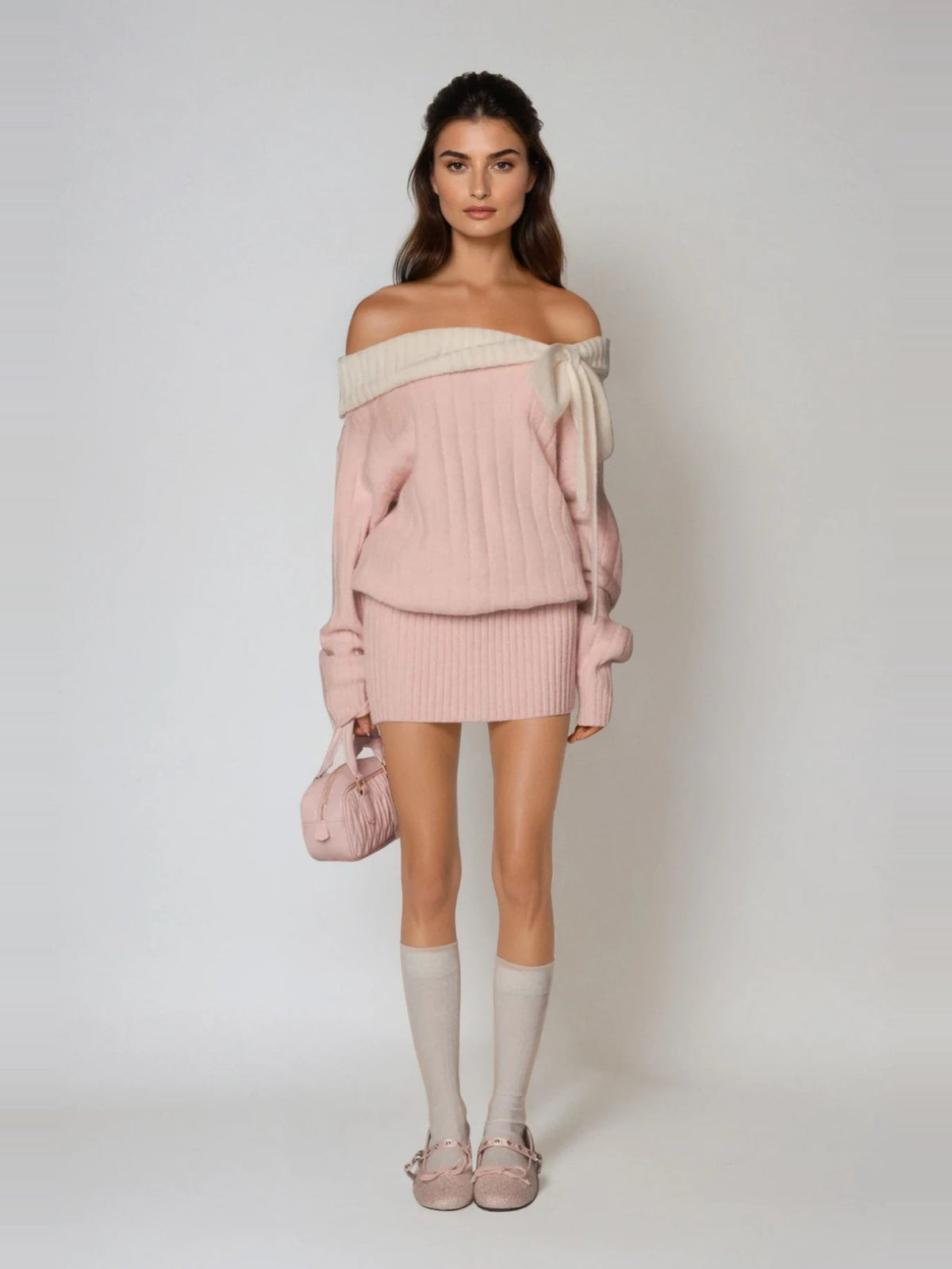 Devi Off-Shoulder Contrast Band Knit Mini Dress — Svelte Chic