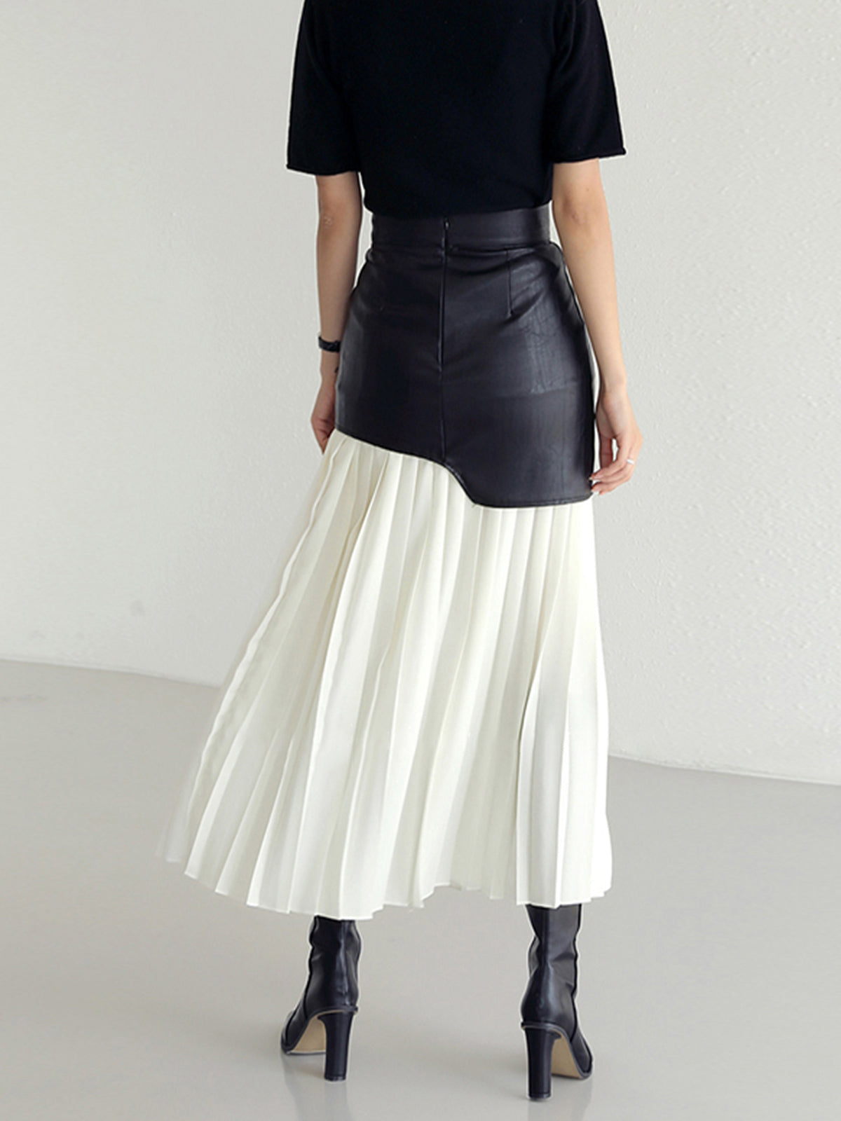 Asymmetric Faux Leather Pleated Midi Skirt — Svelte Chic
