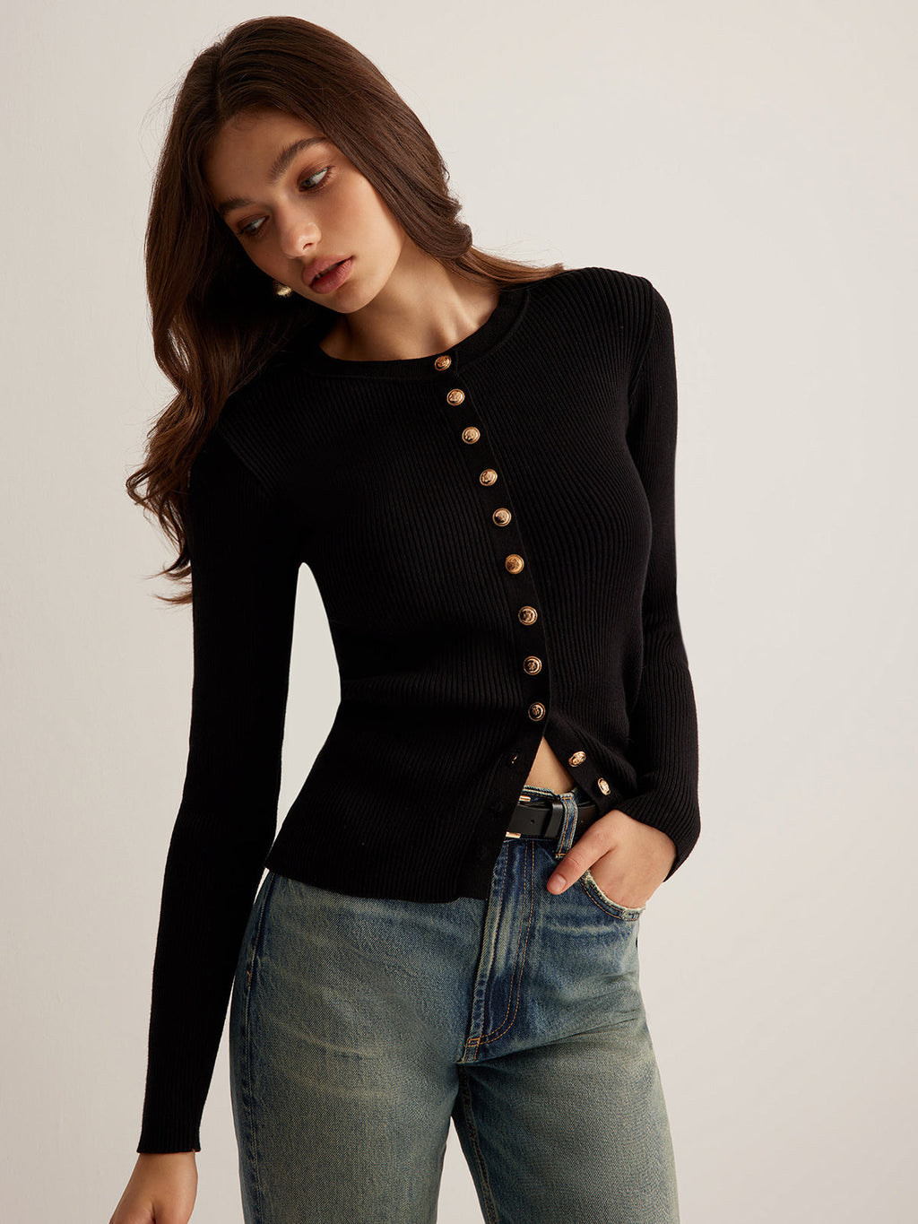 Button Down Ribbed Slim Knit Top — Svelte Chic