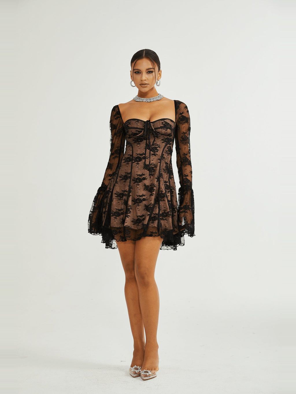 Cyrielle Lace Long Sleeve Square Neck Mini Dress — Svelte Chic
