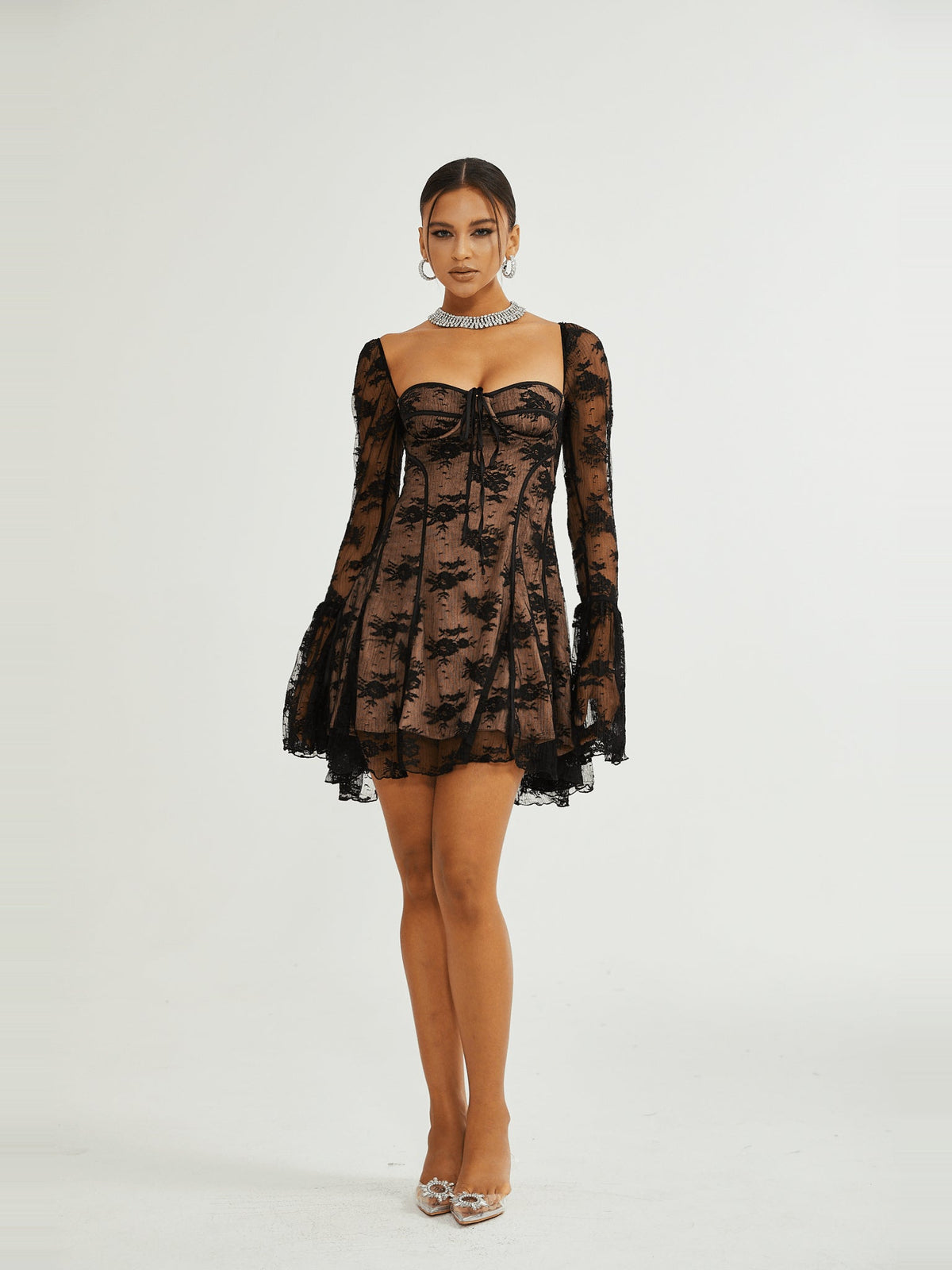 Cyrielle Lace Long Sleeve Square Neck Mini Dress — Svelte Chic