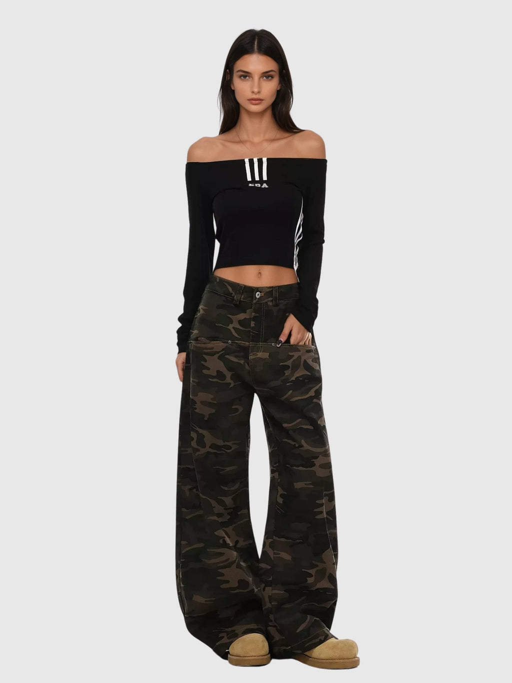 Becka Camouflage Print Curved Wide Leg Jeans - Khaki — Svelte Chic