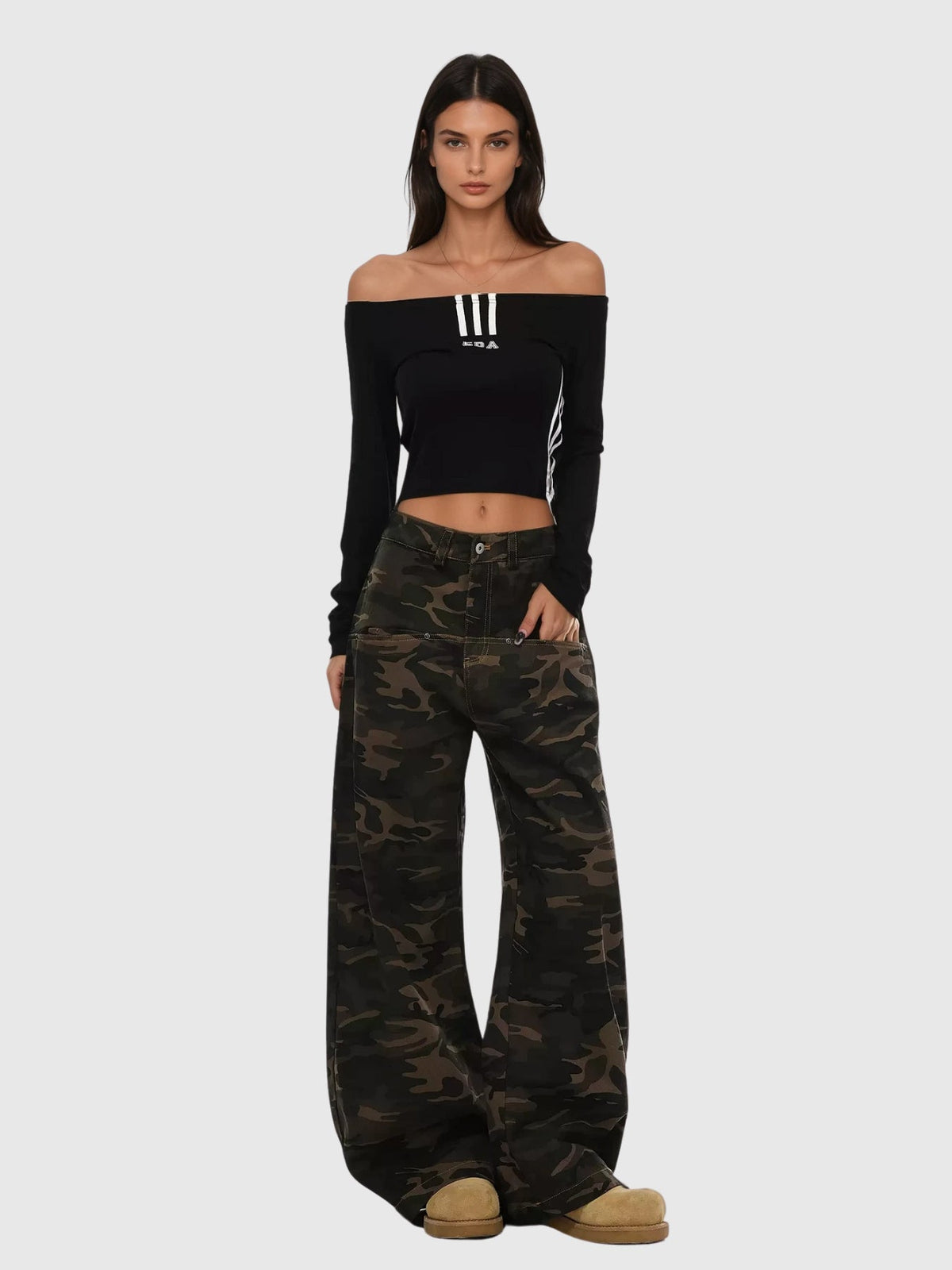Becka Camouflage Print Curved Wide Leg Jeans - Khaki — Svelte Chic