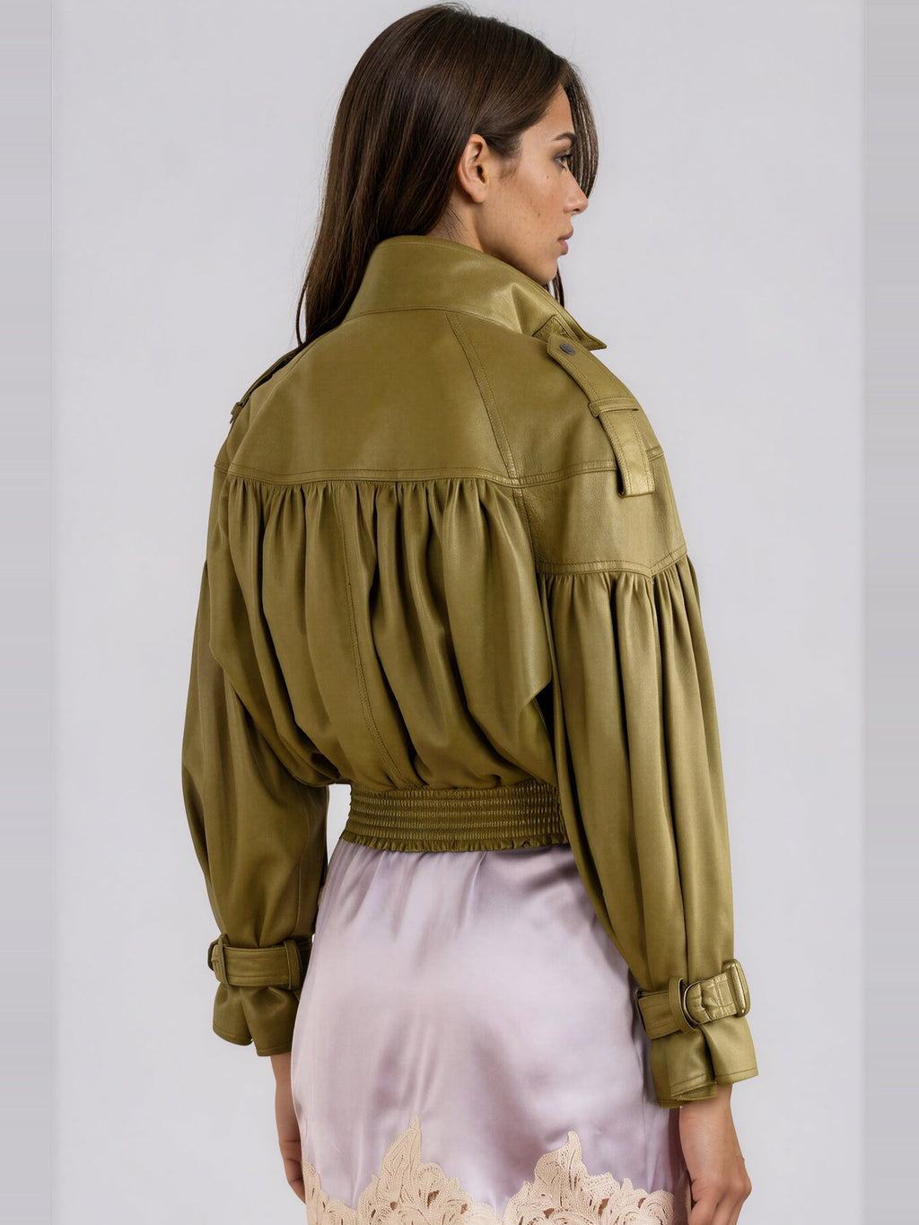 Kineks Belted Ruched Faux Leather Jacket - Olive Green — Svelte Chic