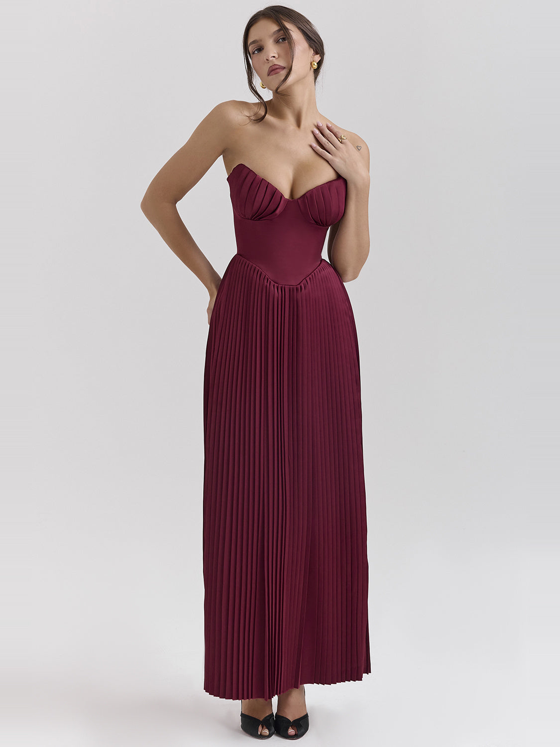 Marcella Pleated Satin Corset Maxi Dress — Svelte Chic