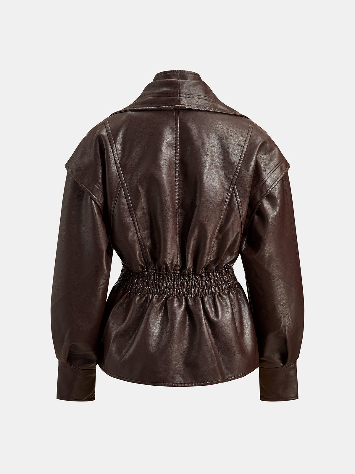 Cinched Waist Wide Lapel Faux Leather Jacket - Dark Brown — Svelte Chic