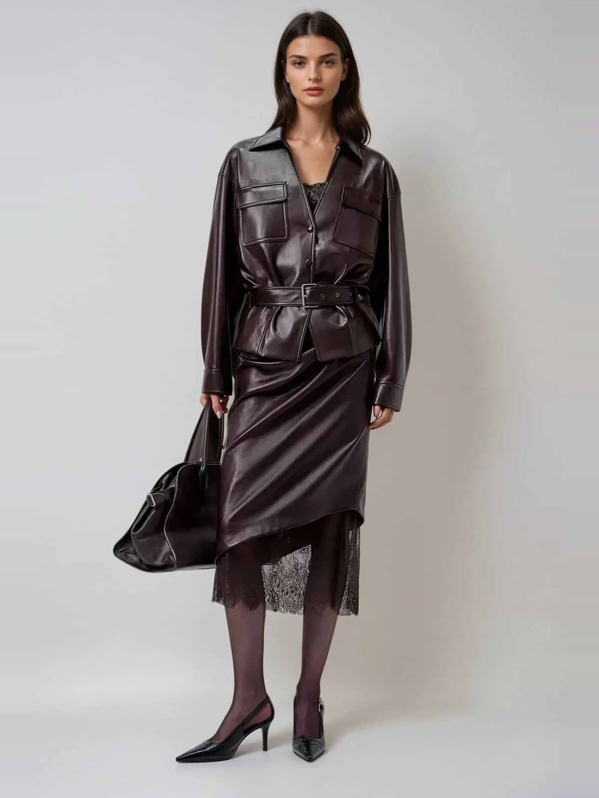 Diot Lace Detail Asymmetric Faux Leather Midi Skirt - Dark Brown — Svelte Chic