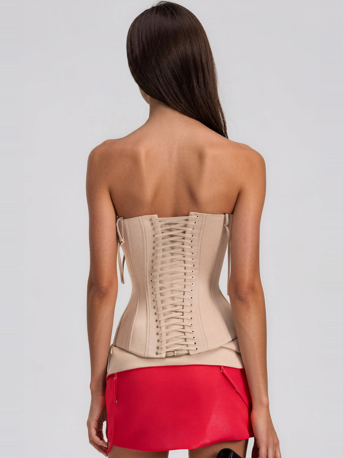Kavi Strappy Corset and Split Mini Skirt Set - Beige and Red — Svelte Chic