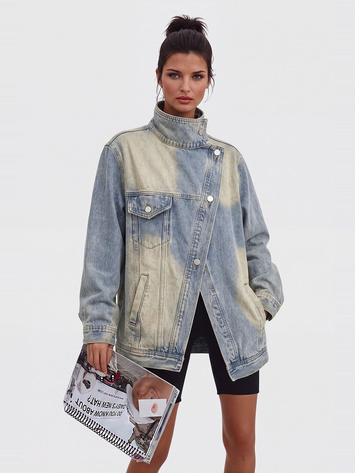 Aegle Stand Collar Asymmetric Oversized Denim Jacket - Light Blue — Svelte Chic