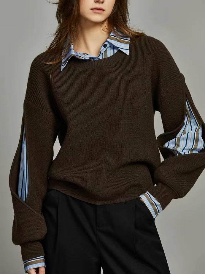 Shirt Layered Cutout Sleeve Ribbed Sweater - Dark Brown — Svelte Chic