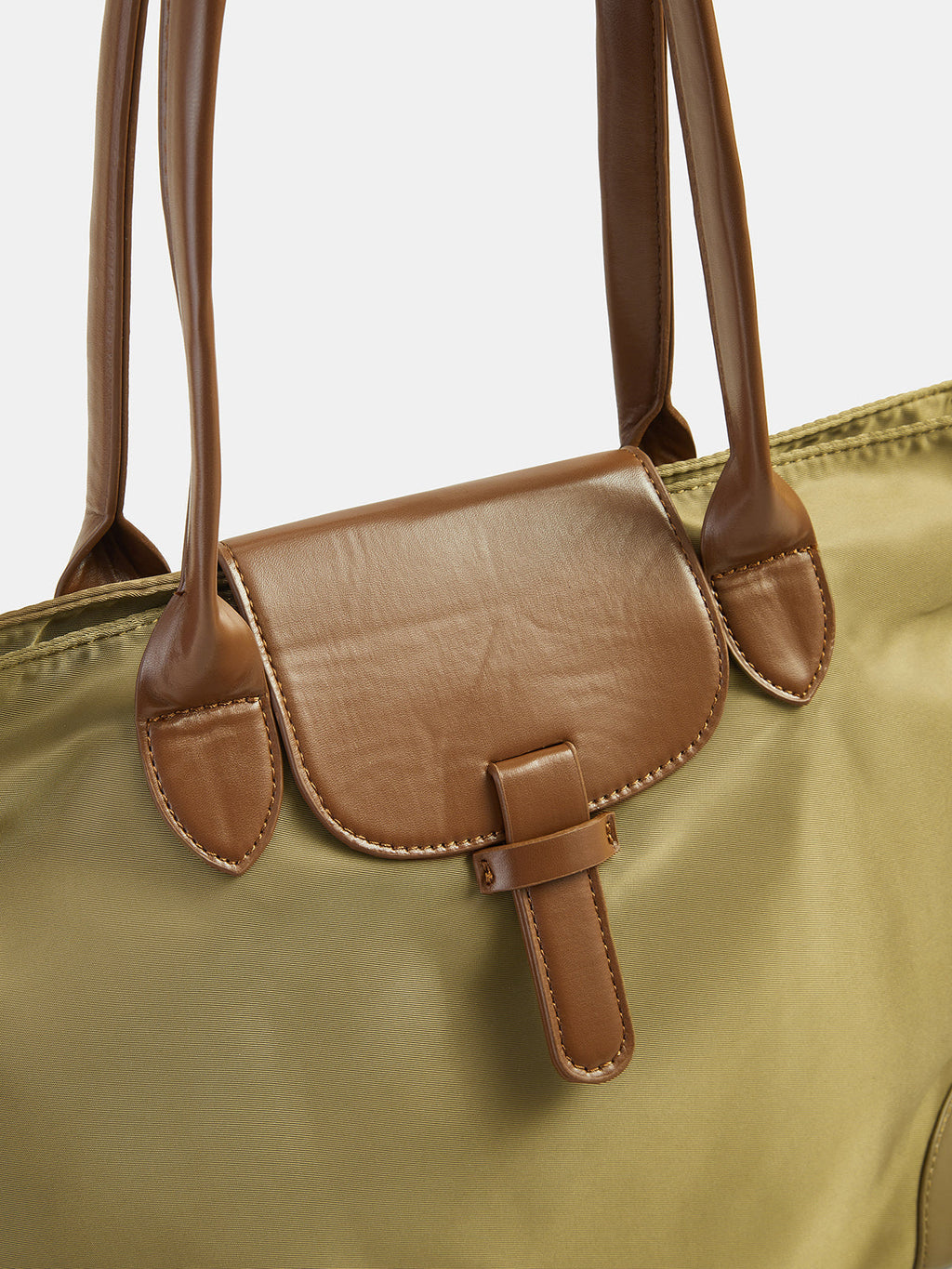 Faux Leather Trim Nylon Tote Shoulder Bag - Khaki — Svelte Chic