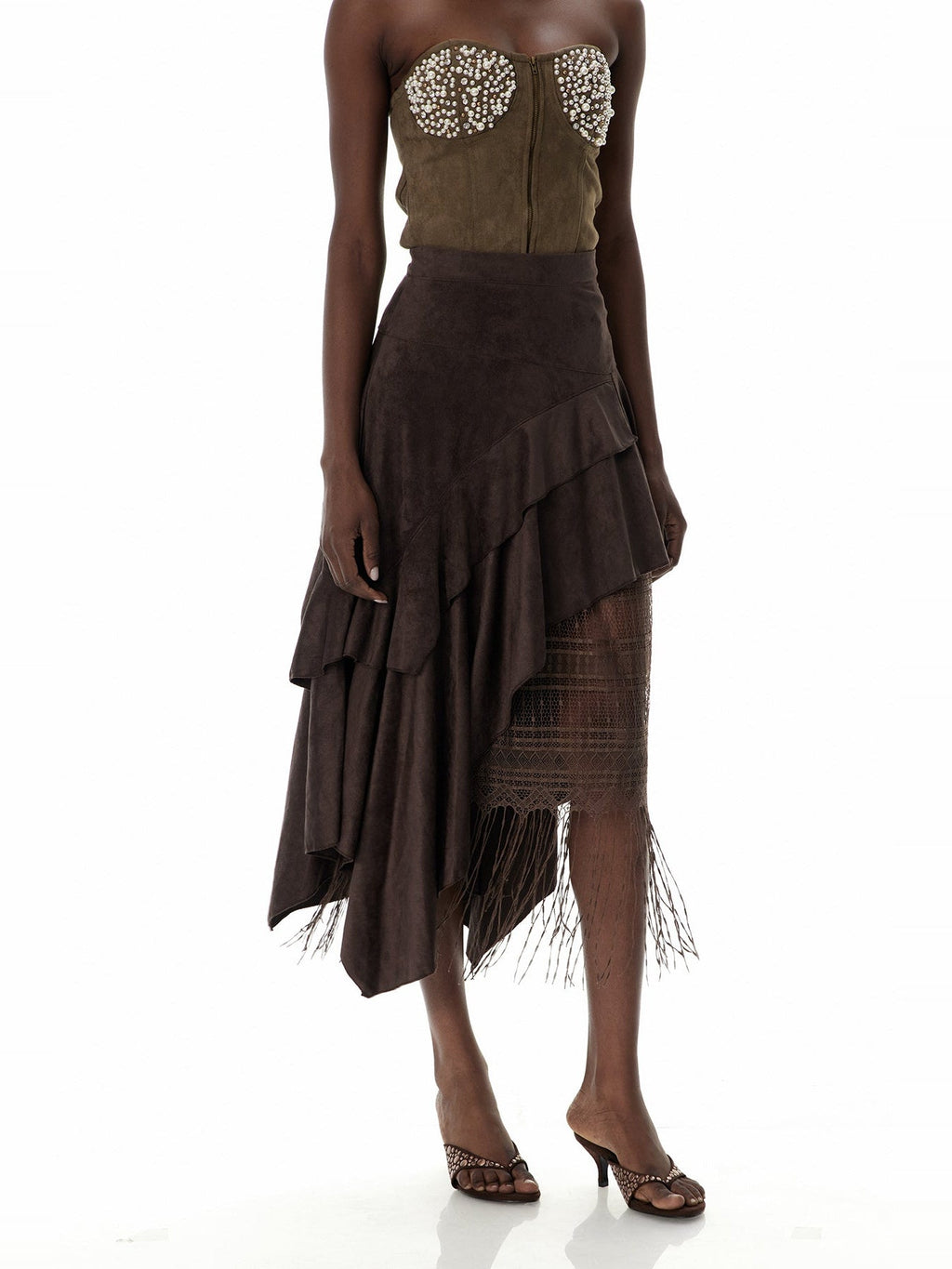 Cruz Tiered Ruffle Asymmetric Suede Maxi Skirt - Brown — Svelte Chic