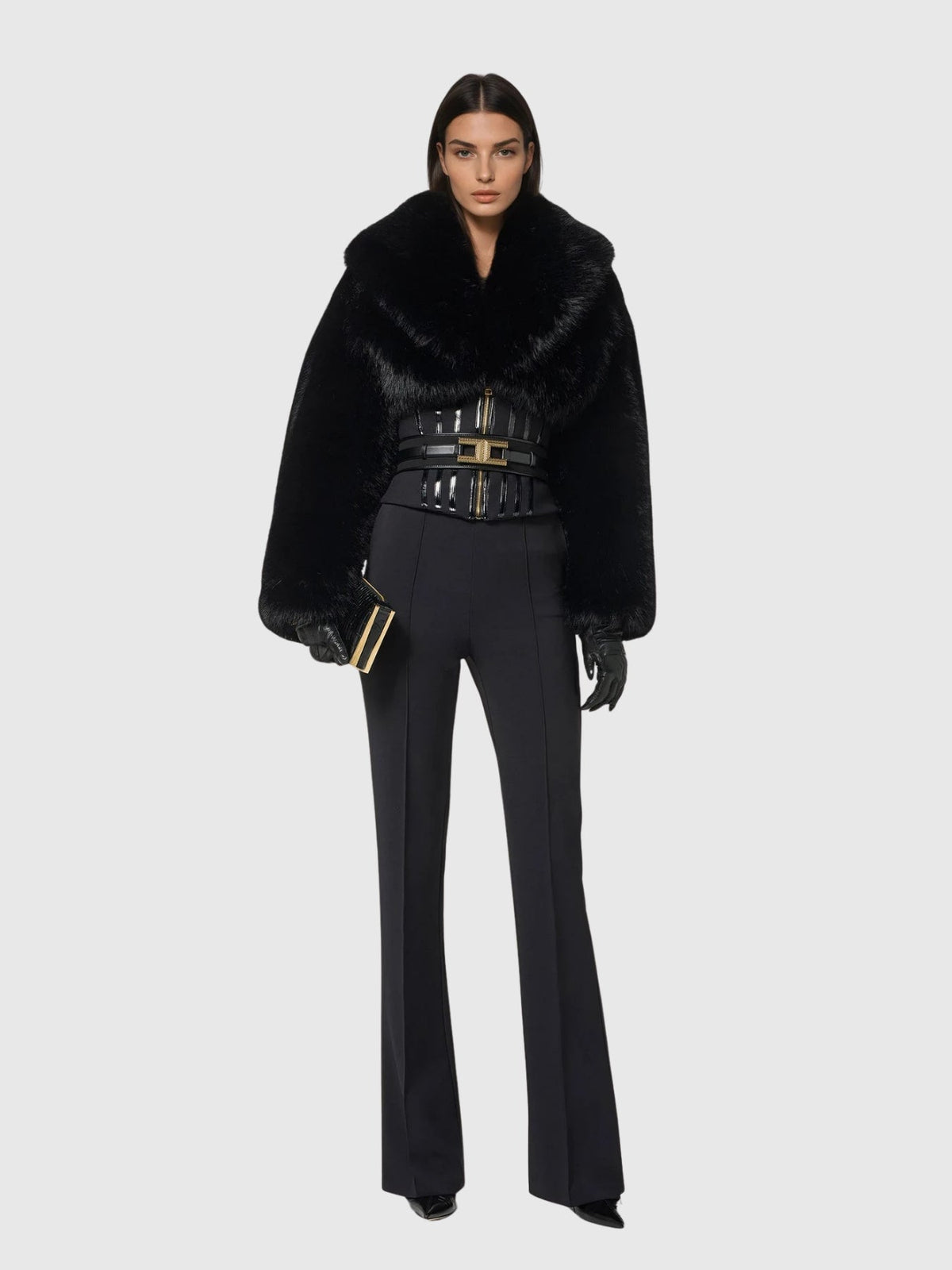 Davin Shawl Collar Corset Faux Fur Jacket - Black — Svelte Chic