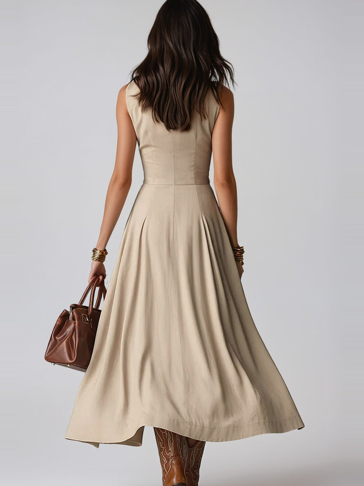 Jaanus Sleeveless Corset Waist Button Midi Dress - Beige — Svelte Chic