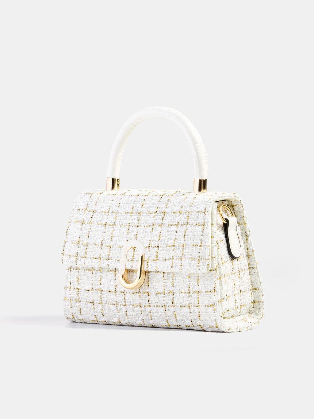 Tweed Check Top Handle Handbag - Beige — Svelte Chic