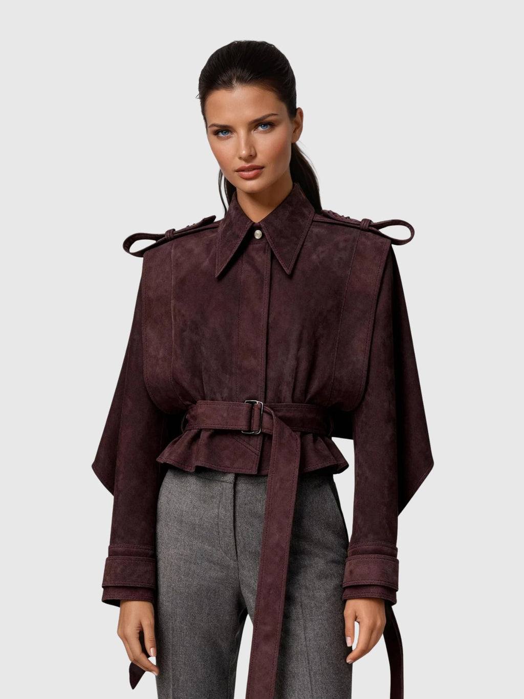 Dillon Cape Shoulder Belted Suede Jacket - Burgundy — Svelte Chic