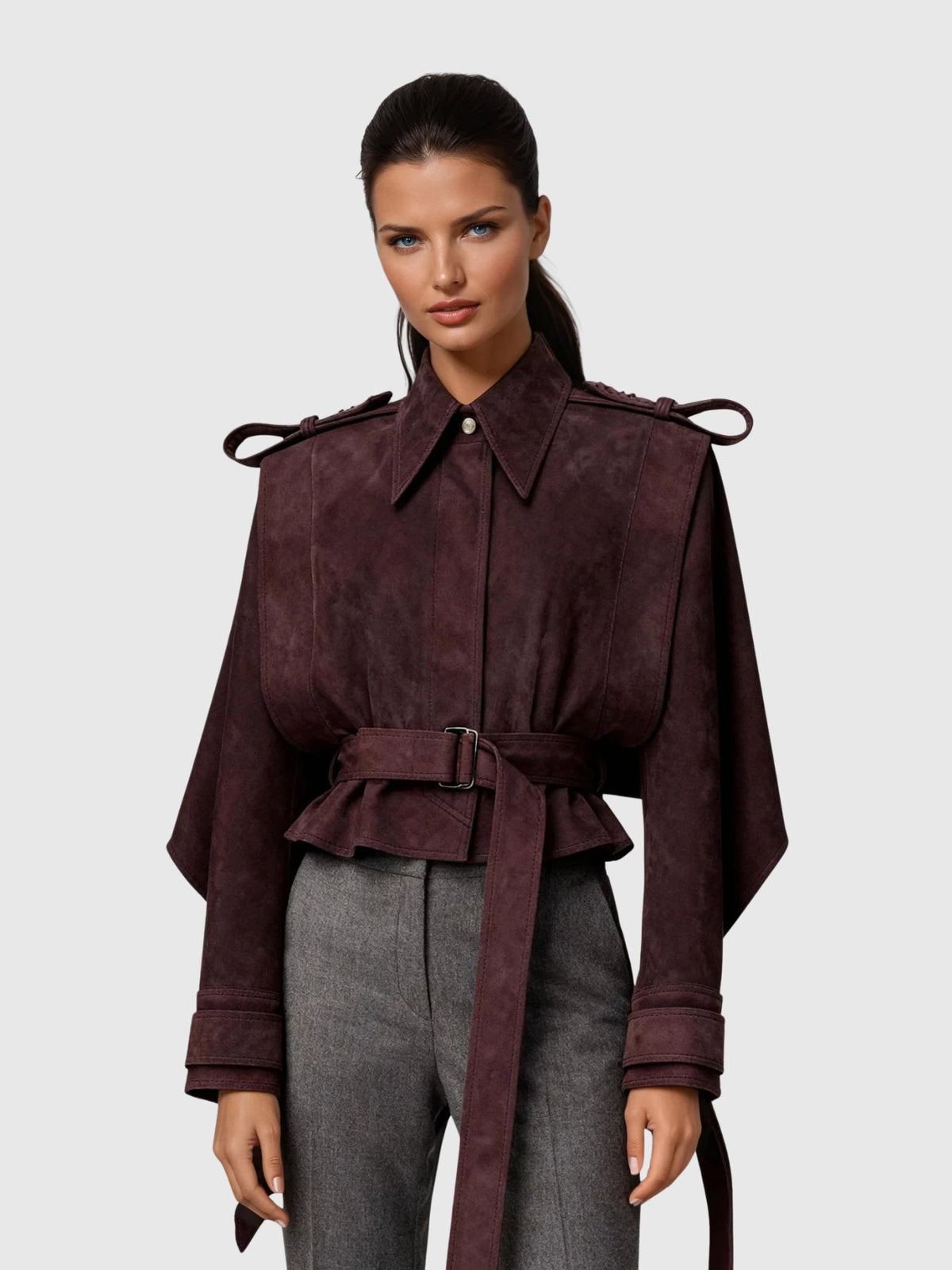 Dillon Cape Shoulder Belted Suede Jacket - Burgundy — Svelte Chic