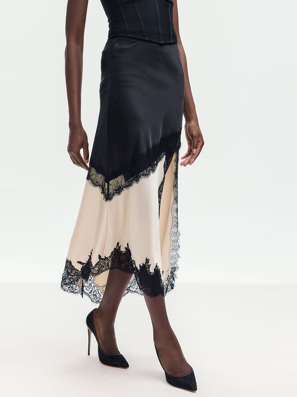 Bess Lace-Trimmed Asymmetric Satin Midi Skirt - Black and Cream — Svelte Chic