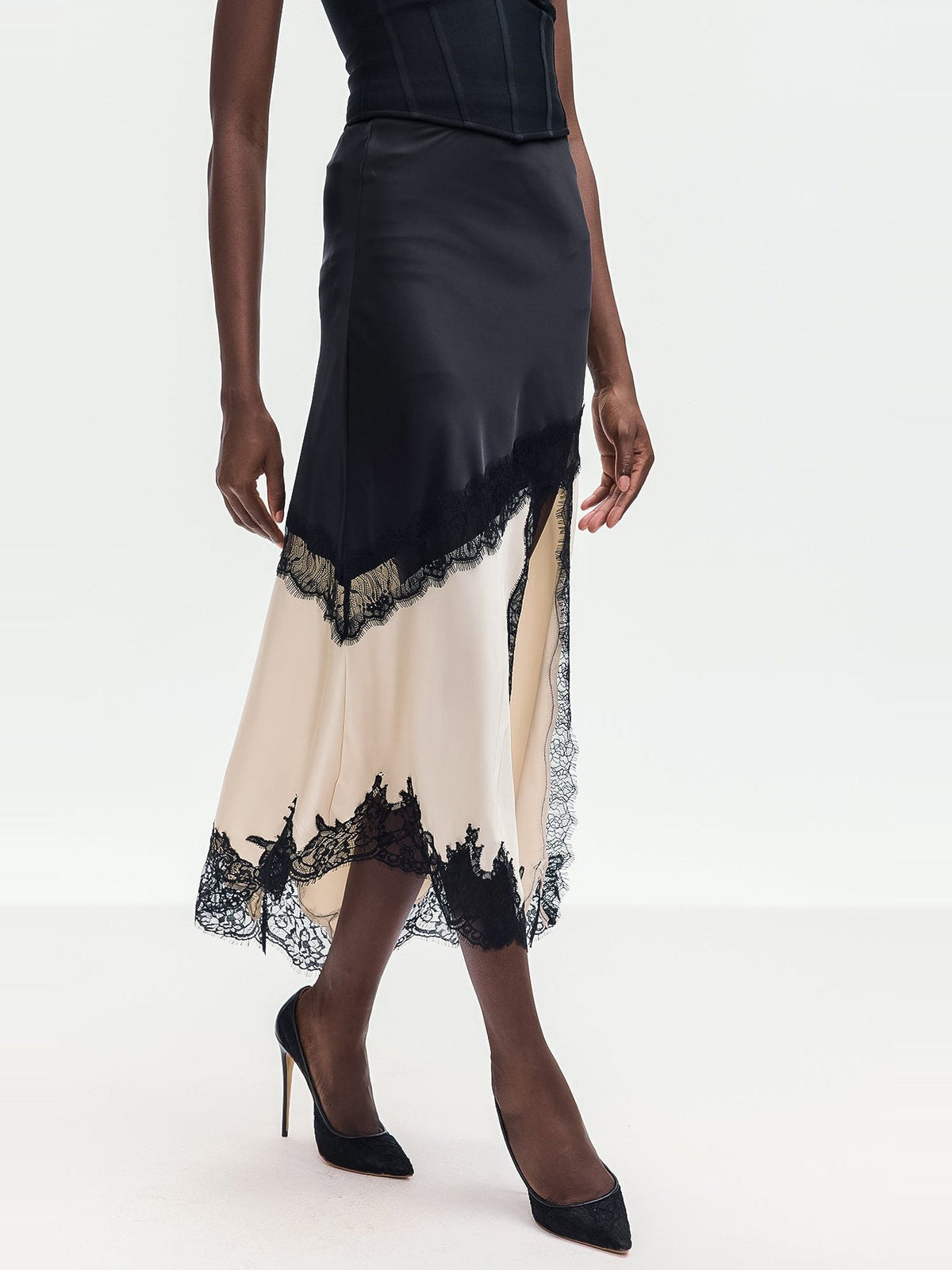 Bess Lace-Trimmed Asymmetric Satin Midi Skirt - Black and Cream — Svelte Chic