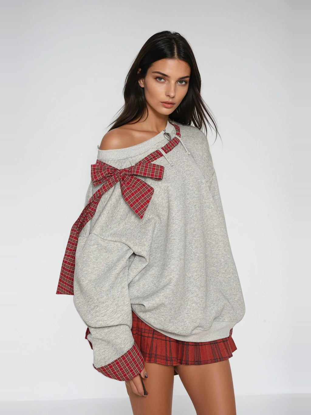 Derrick Plaid Bow Asymmetric Neck Oversized Top - Grey — Svelte Chic