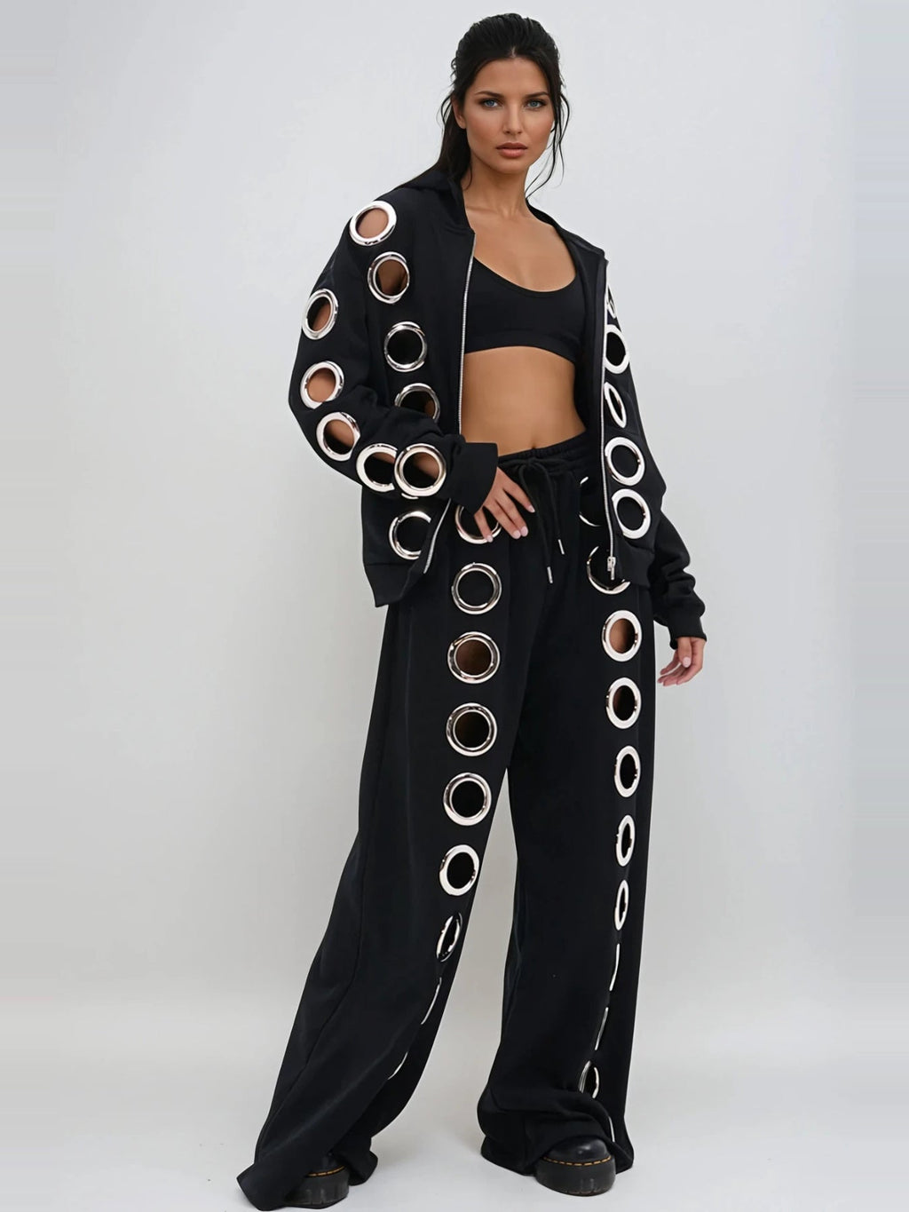 Daniyal Hooded Eyelet-Detail Pants Set - Black — Svelte Chic