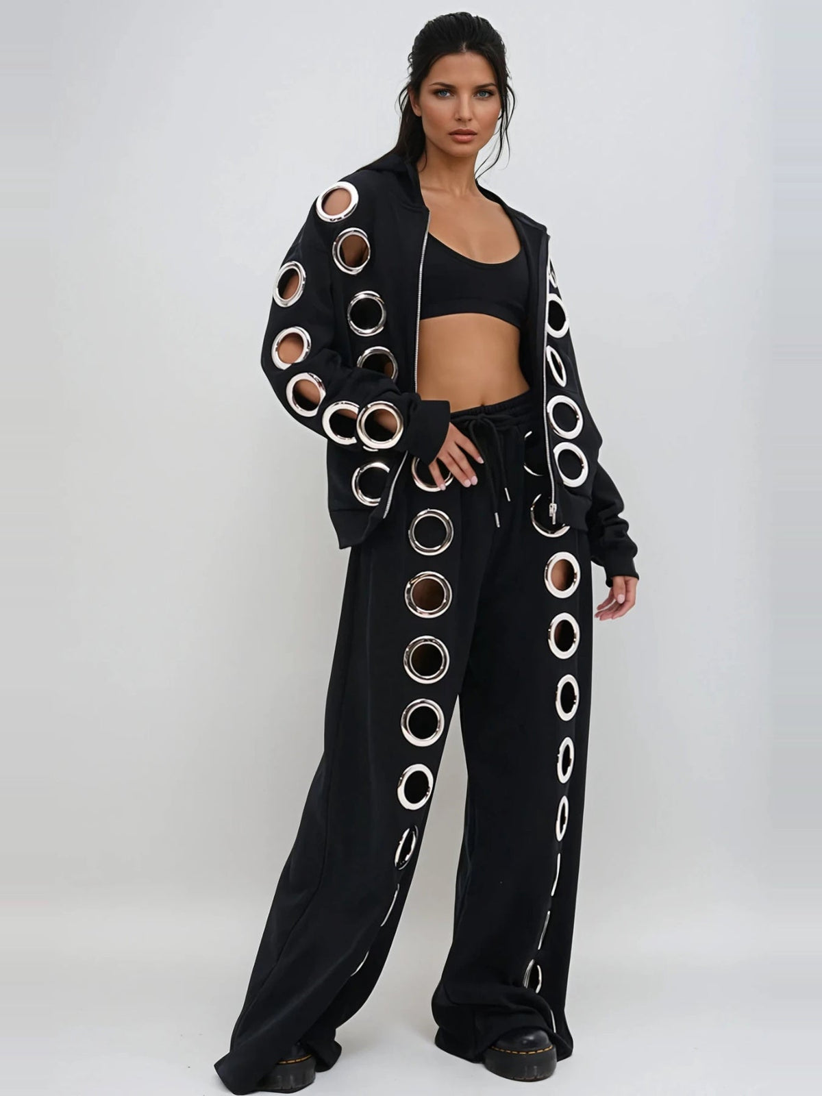 Daniyal Hooded Eyelet-Detail Pants Set - Black — Svelte Chic