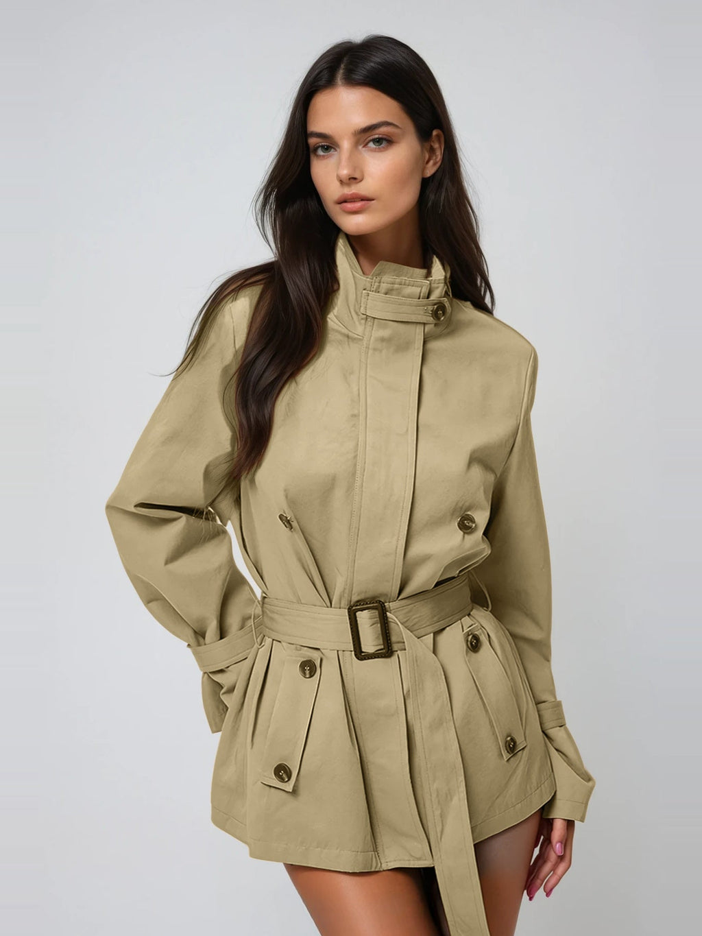 Davide Caped-Shoulder Belted Short Trench Coat - Khaki