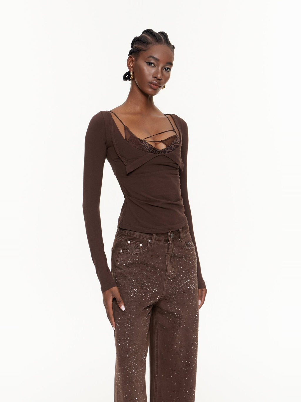 Eideard Leopard Lace Detail Long Sleeve Top - Chocolate — Svelte Chic