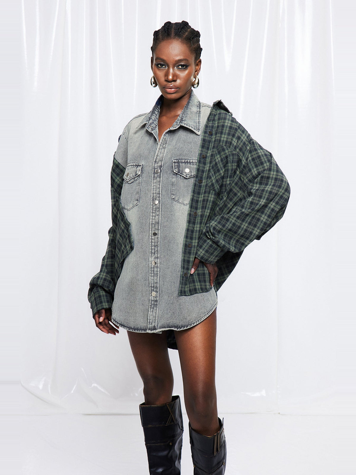 Friedrich Plaid Panel Oversized Denim Jacket - Grey — Svelte Chic