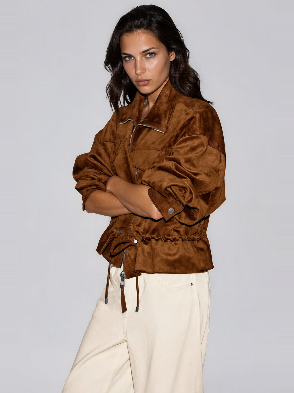 Ivah Suede-Look Drawstring Zip Jacket - Brown — Svelte Chic