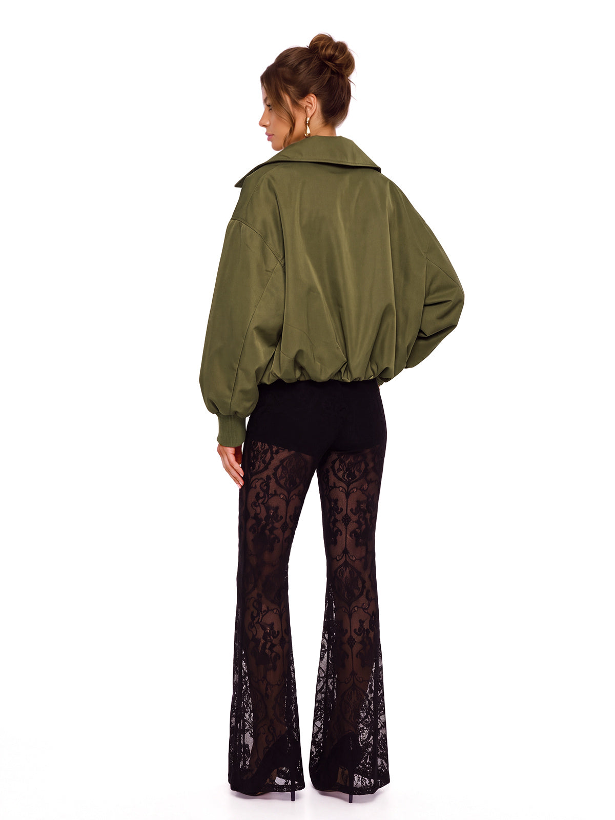 Kiora Balloon Sleeve Satin Bomber Jacket - Khaki — Svelte Chic