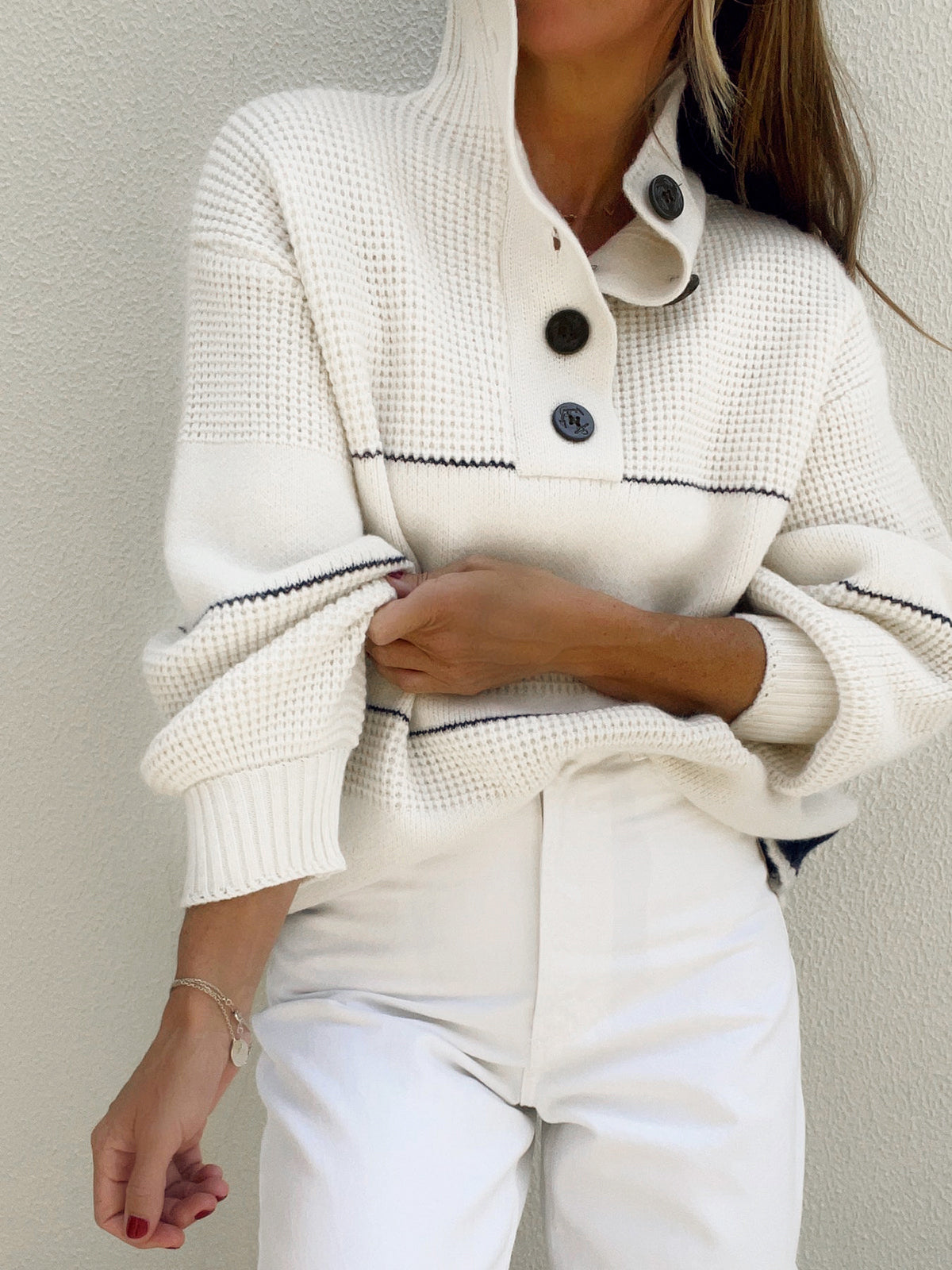 Stand Collar Button-Up Contrast Stripe Knit Sweater - White — Svelte Chic