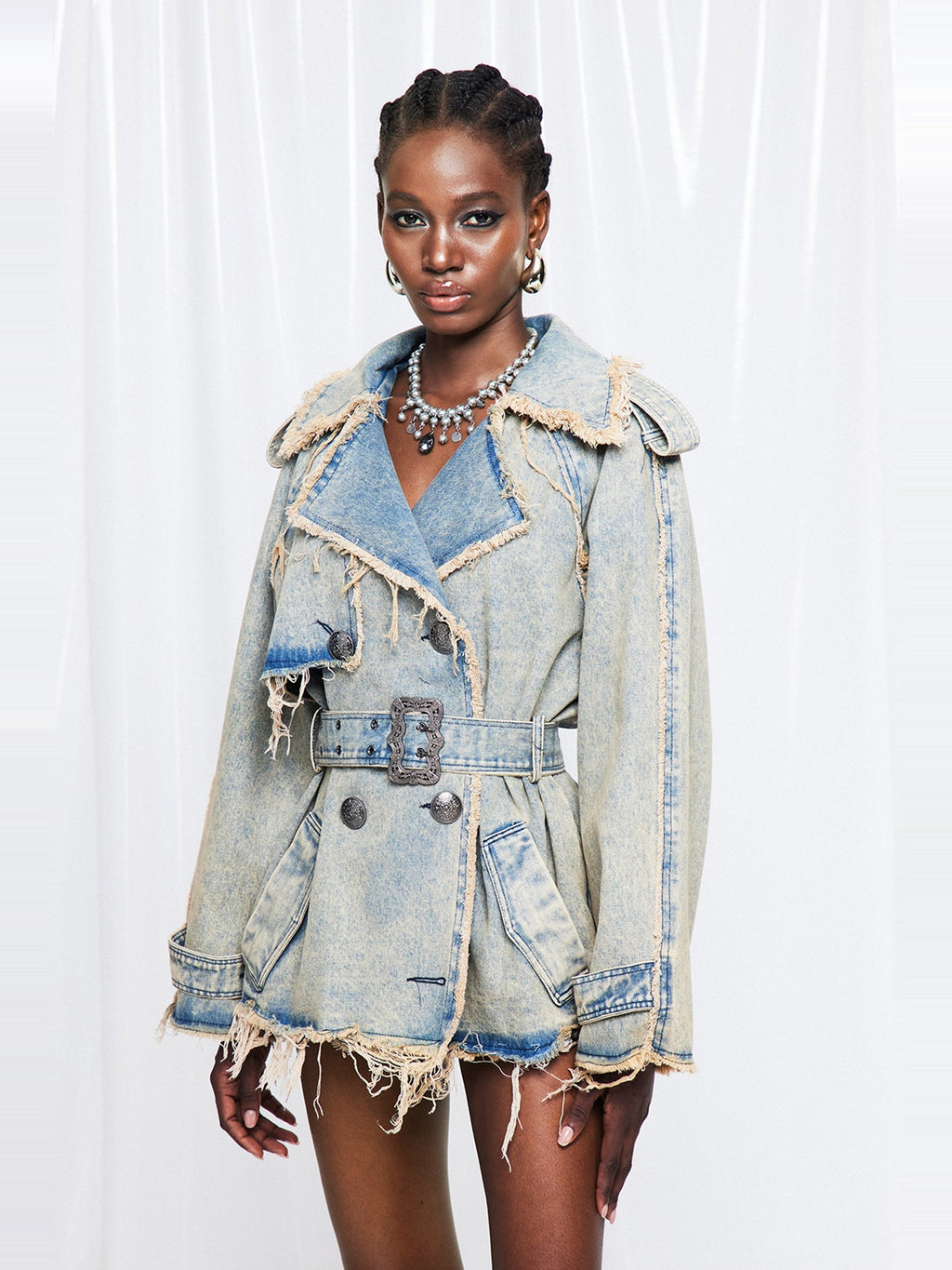 Friederike Fringe Belted Double-Breasted Denim Jacket - Light Blue — Svelte Chic