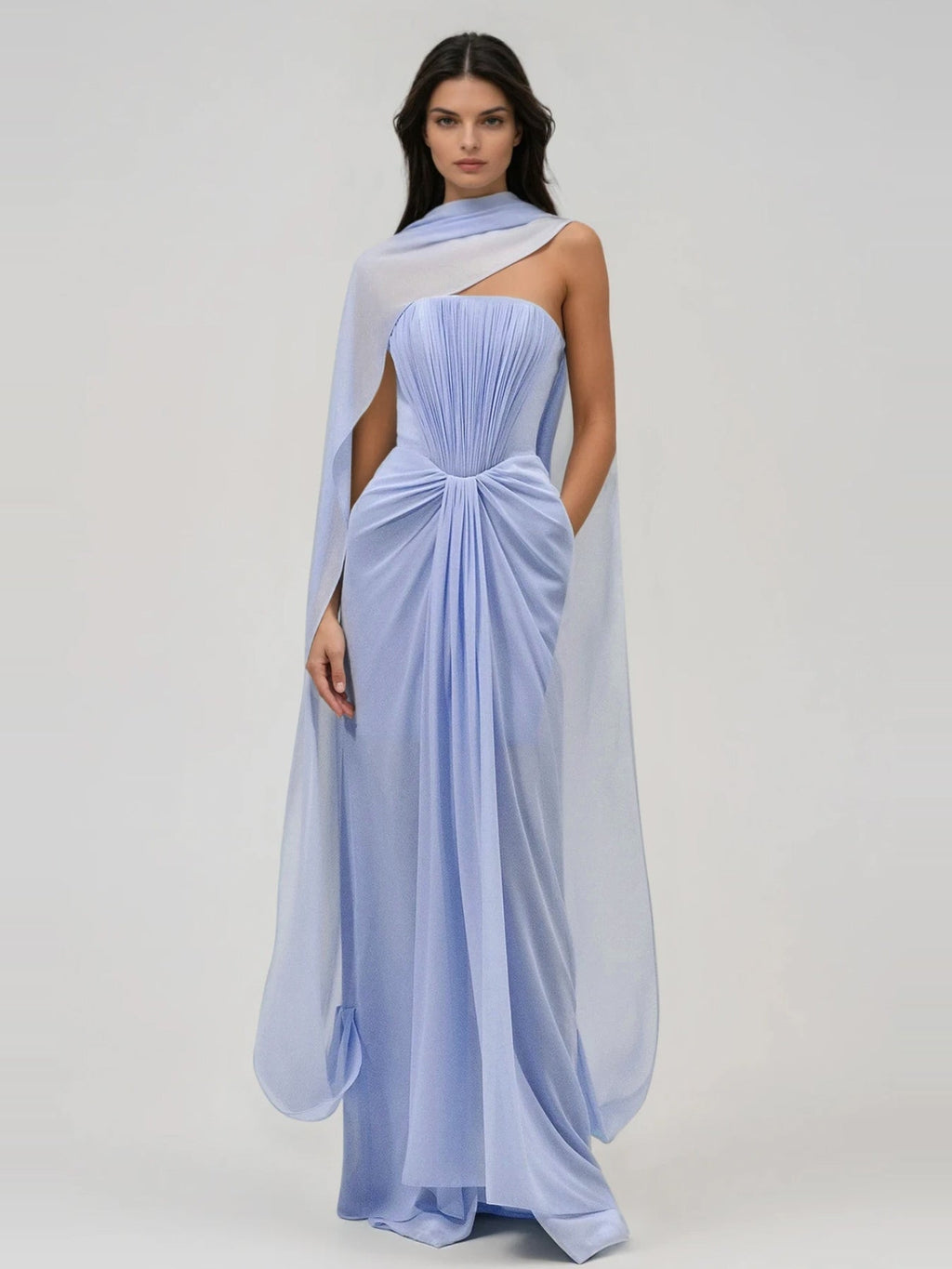 Giosetta Strapless Mesh Shawl Draped Maxi Dress — Svelte Chic