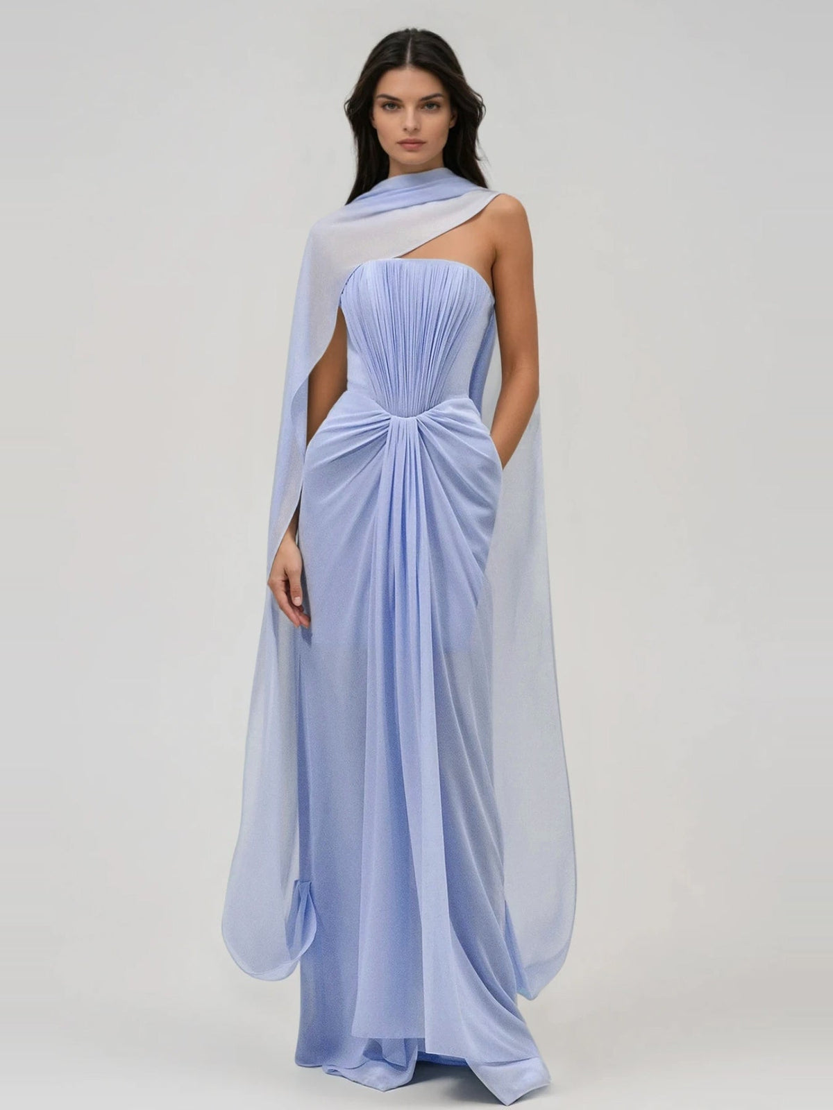 Giosetta Strapless Mesh Shawl Draped Maxi Dress — Svelte Chic