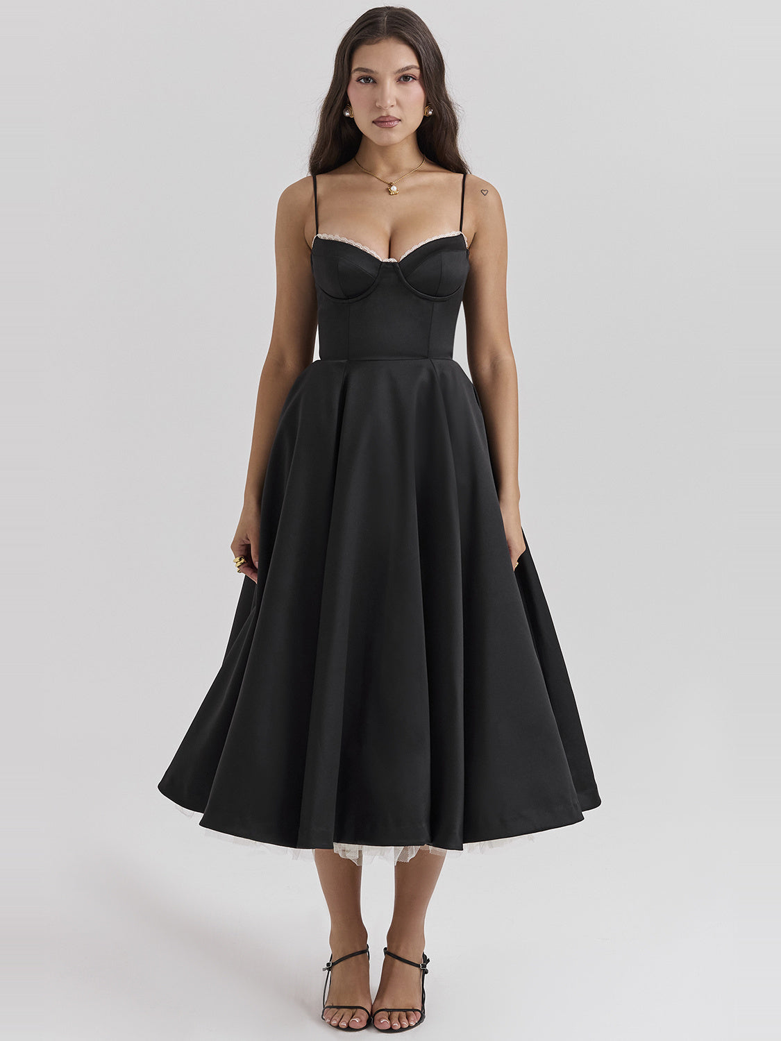 Mademoiselle Satin Tulle Sweetheart Midi Dress — Svelte Chic