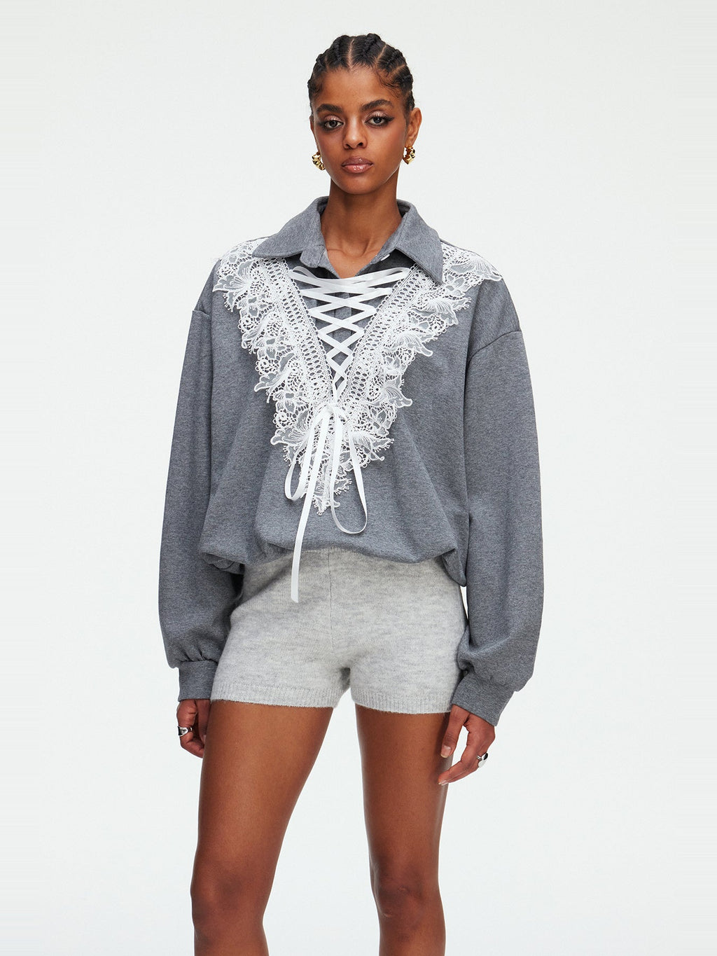Madlenka Lace Tie-Front Collared Oversized Top - Grey — Svelte Chic