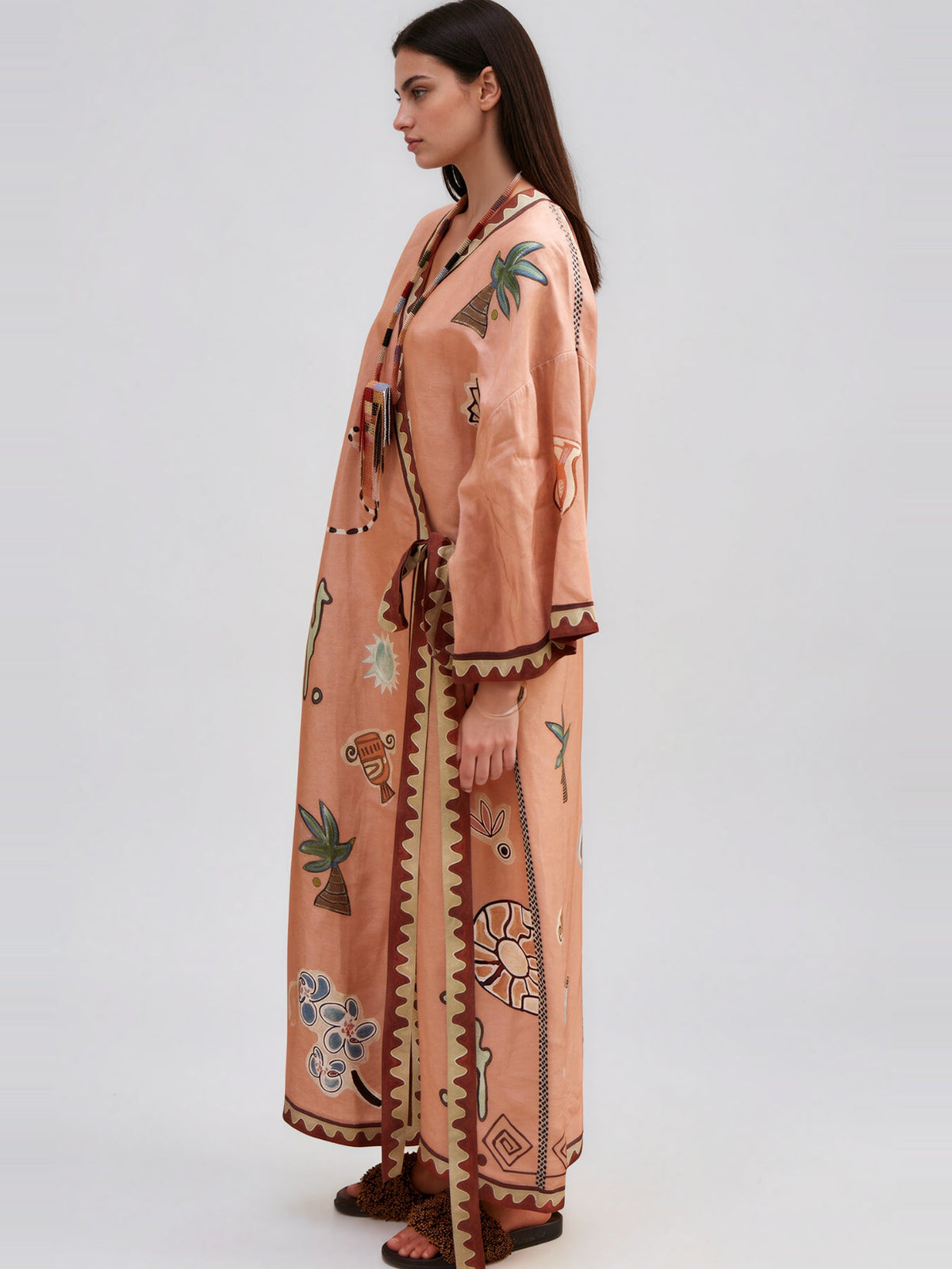 Kedem Long Sleeve Embroidery-Print Oversized Maxi Dress - Salmon — Svelte Chic