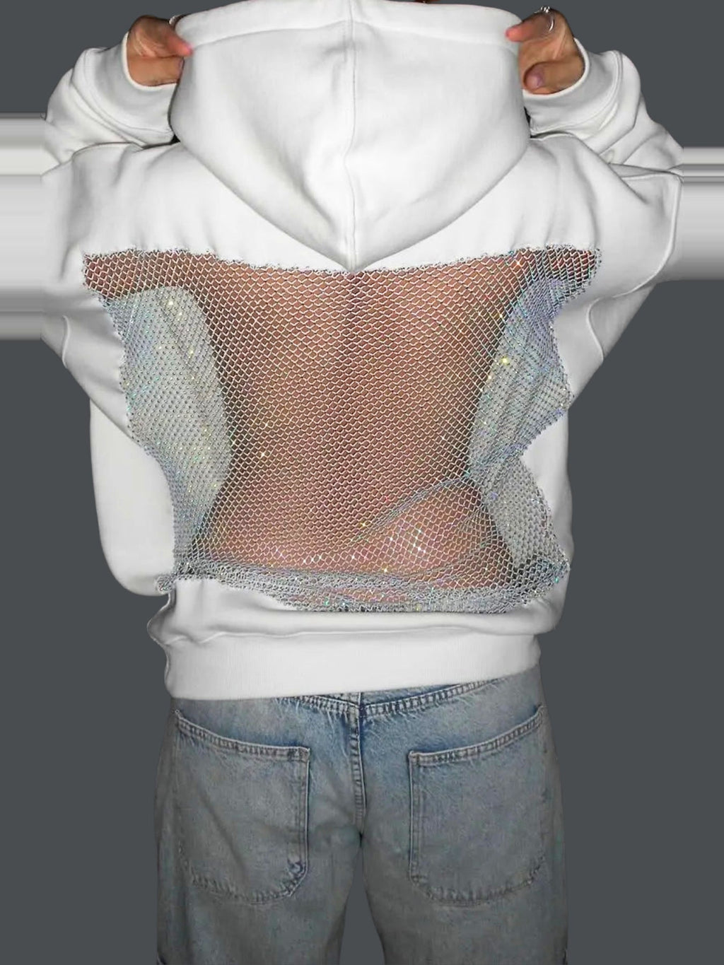 Dazhbog Hooded Rhinestone Mesh Panel Top - White — Svelte Chic