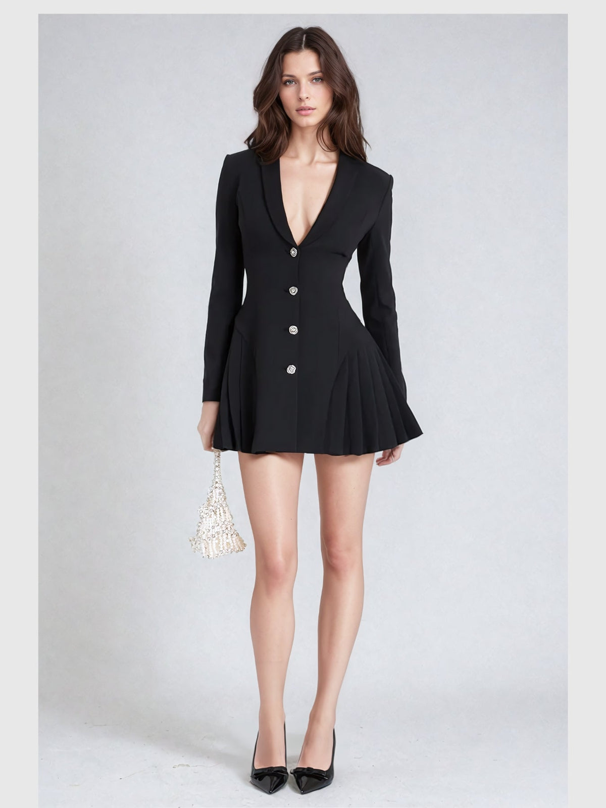 Acosta Tailored Shawl Collar Flared Mini Dress - Black — Svelte Chic