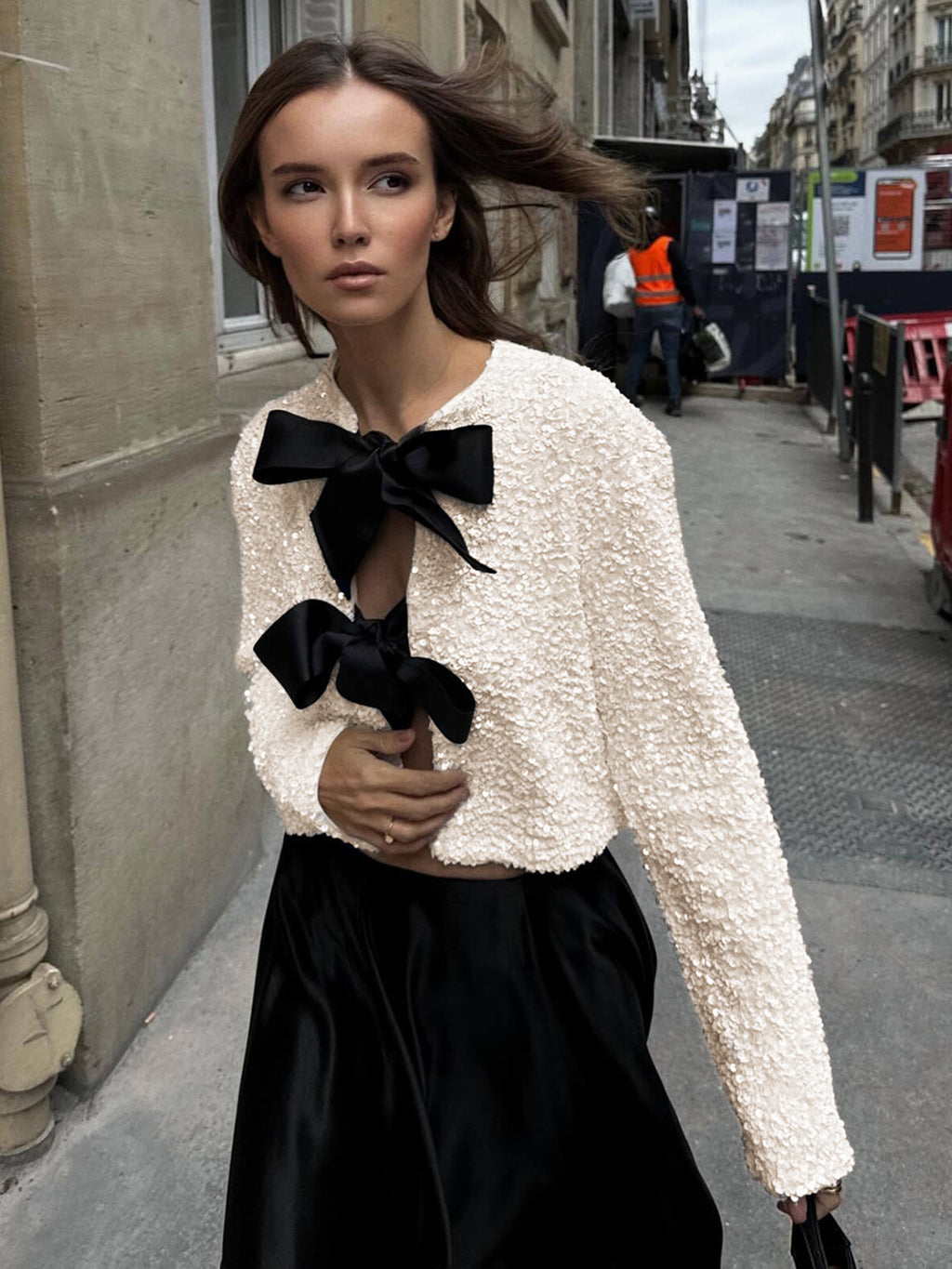 Bow-Detail Sequined Velvet Cropped Jacket — Svelte Chic