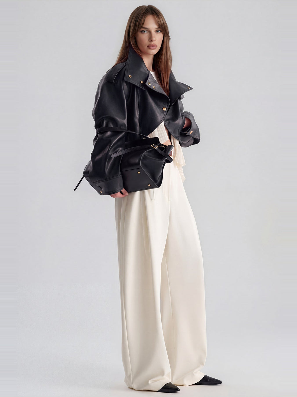 Kimi High Neck Ruffle Leather-Look Cropped Jacket - Black — Svelte Chic