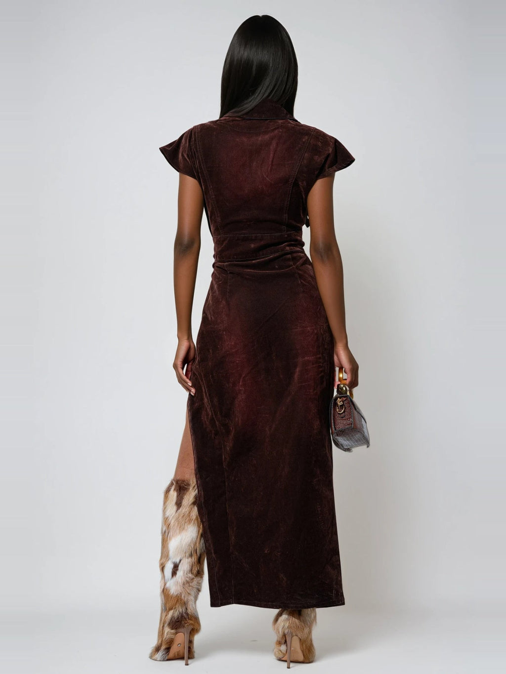 Dorte Shirt Collar Plunge High Split Maxi Dress - Burgundy — Svelte Chic